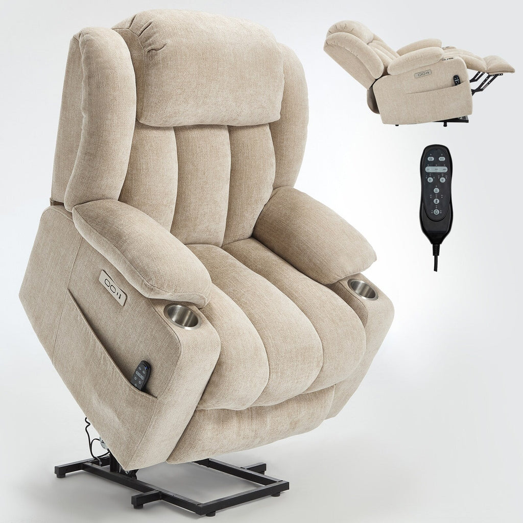Fauteuil inclinable et massant à 8 points avec relevage électrique en chenille, chauffage de la taille, ports USB et porte-gobelet en acier inoxydable