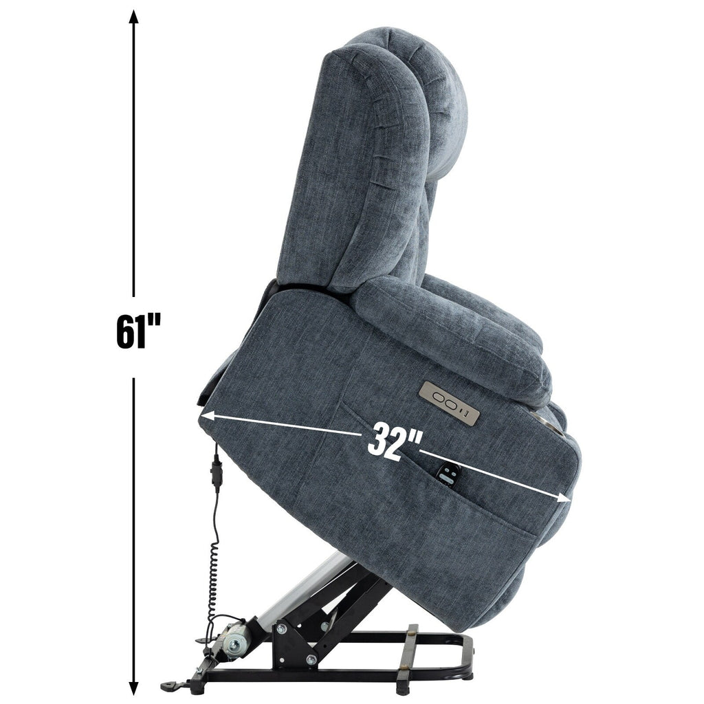 Fauteuil inclinable et massant à 8 points avec relevage électrique en chenille, chauffage de la taille, ports USB et porte-gobelet en acier inoxydable