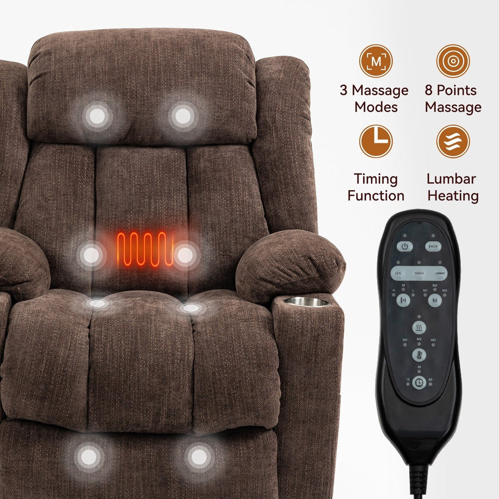 Fauteuil inclinable et massant à 8 points avec relevage électrique en chenille, chauffage de la taille, ports USB et porte-gobelet en acier inoxydable