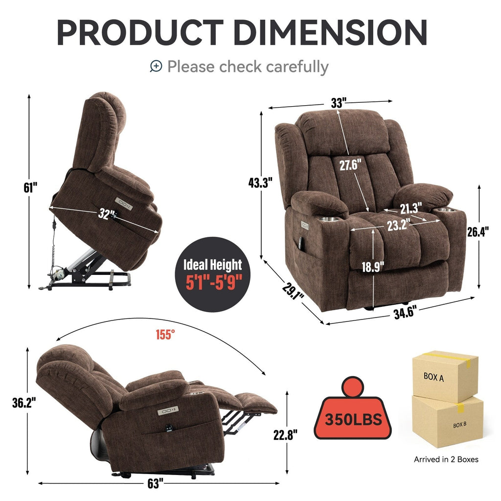Fauteuil inclinable et massant à 8 points avec relevage électrique en chenille, chauffage de la taille, ports USB et porte-gobelet en acier inoxydable