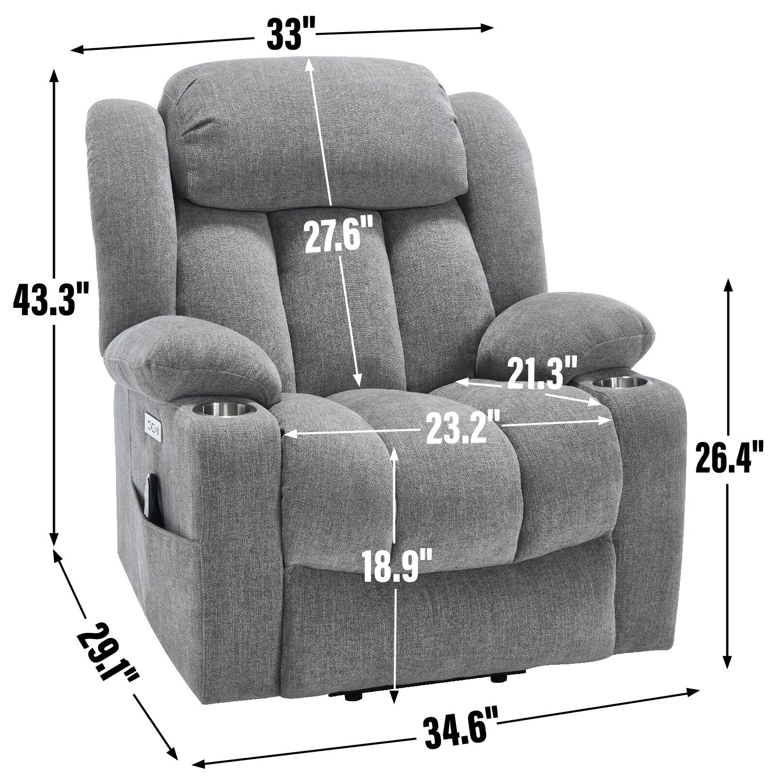 Fauteuil inclinable et massant à 8 points avec relevage électrique en chenille, chauffage de la taille, ports USB et porte-gobelet en acier inoxydable