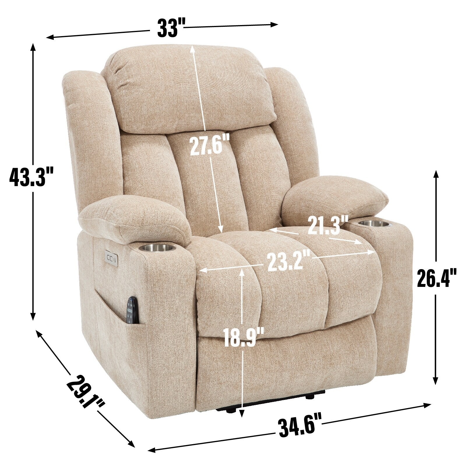 Fauteuil inclinable et massant à 8 points avec relevage électrique en chenille, chauffage de la taille, ports USB et porte-gobelet en acier inoxydable