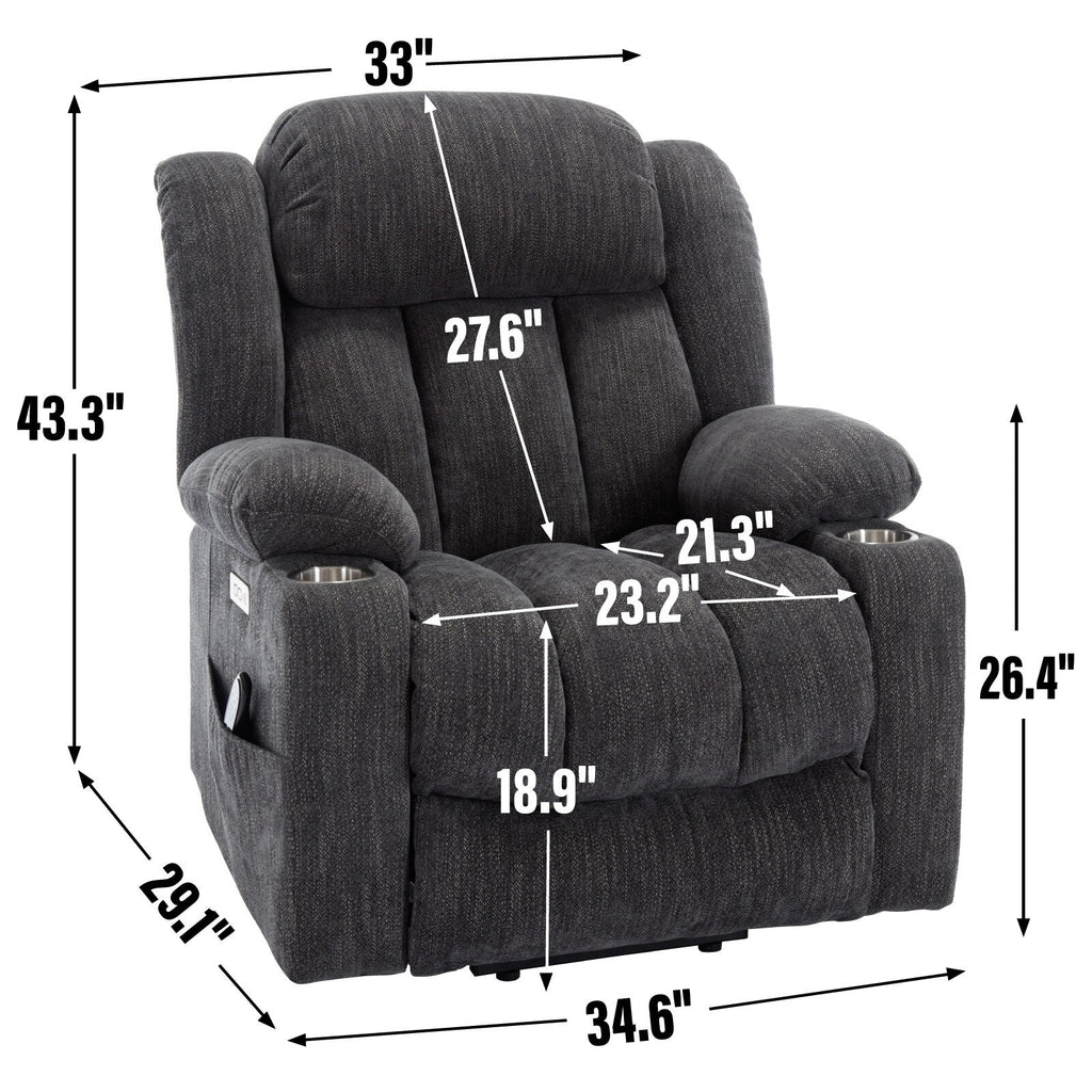 Fauteuil inclinable et massant à 8 points avec relevage électrique en chenille, chauffage de la taille, ports USB et porte-gobelet en acier inoxydable