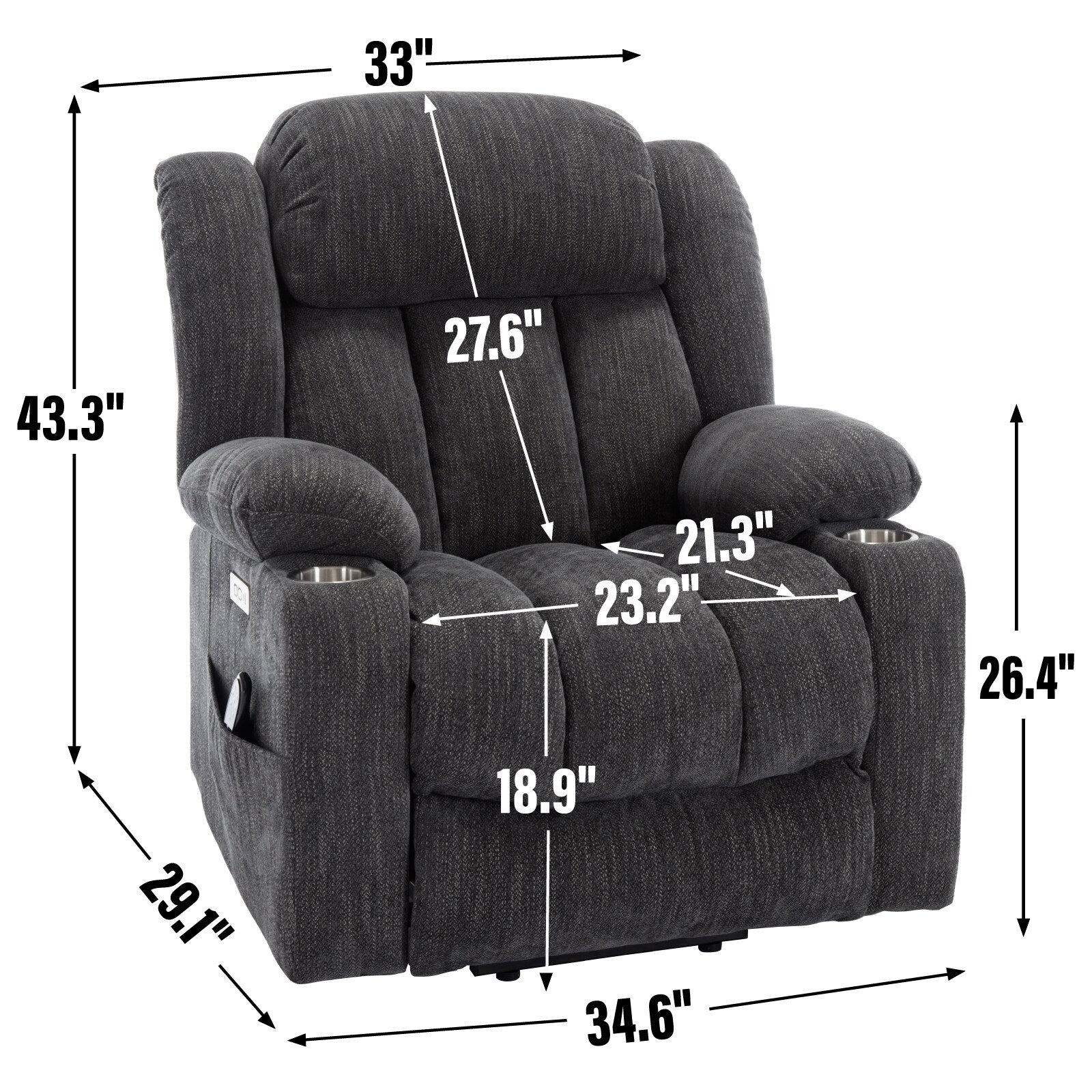 Fauteuil inclinable et massant à 8 points avec relevage électrique en chenille, chauffage de la taille, ports USB et porte-gobelet en acier inoxydable