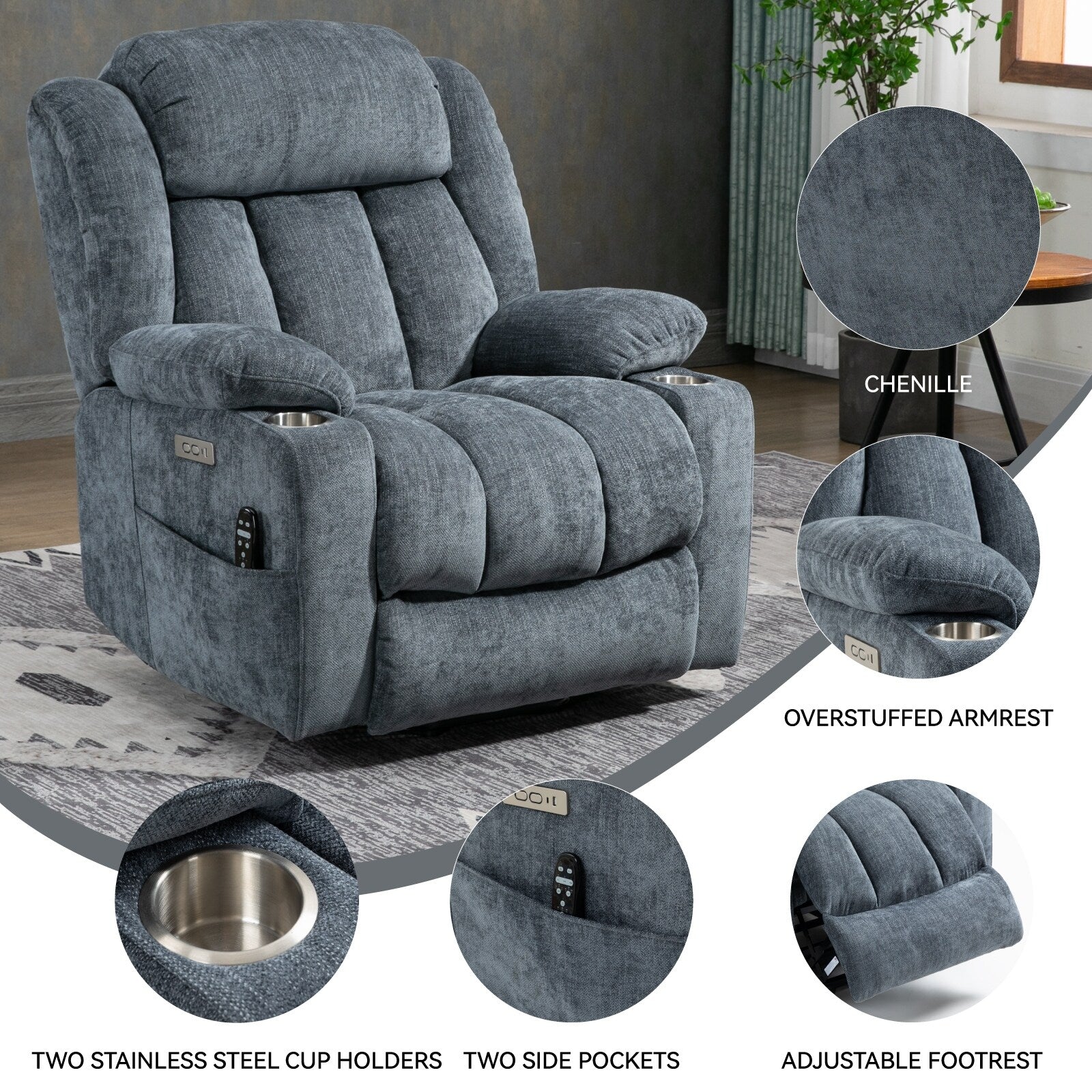 Fauteuil inclinable et massant à 8 points avec relevage électrique en chenille, chauffage de la taille, ports USB et porte-gobelet en acier inoxydable