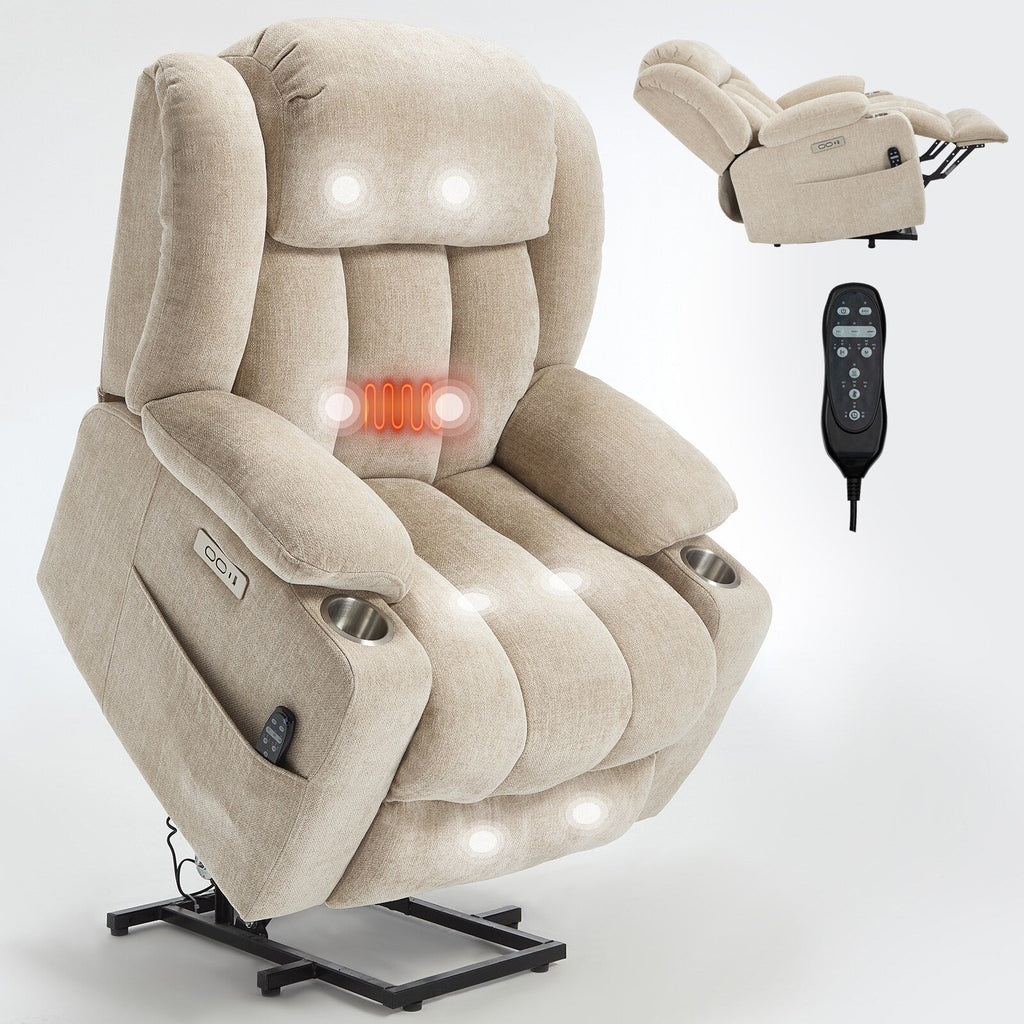 Fauteuil inclinable et massant à 8 points avec relevage électrique en chenille, chauffage de la taille, ports USB et porte-gobelet en acier inoxydable