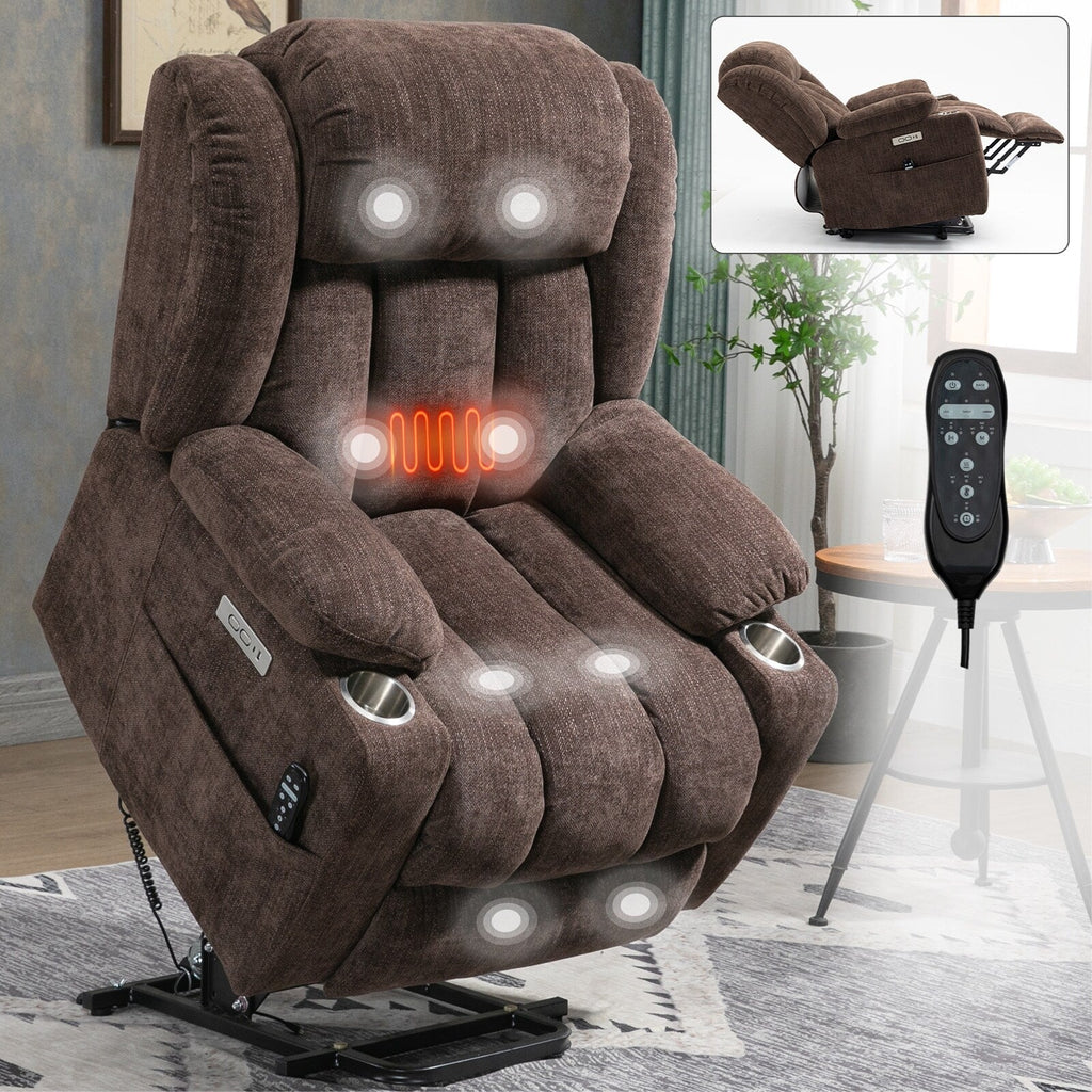 Fauteuil inclinable et massant à 8 points avec relevage électrique en chenille, chauffage de la taille, ports USB et porte-gobelet en acier inoxydable