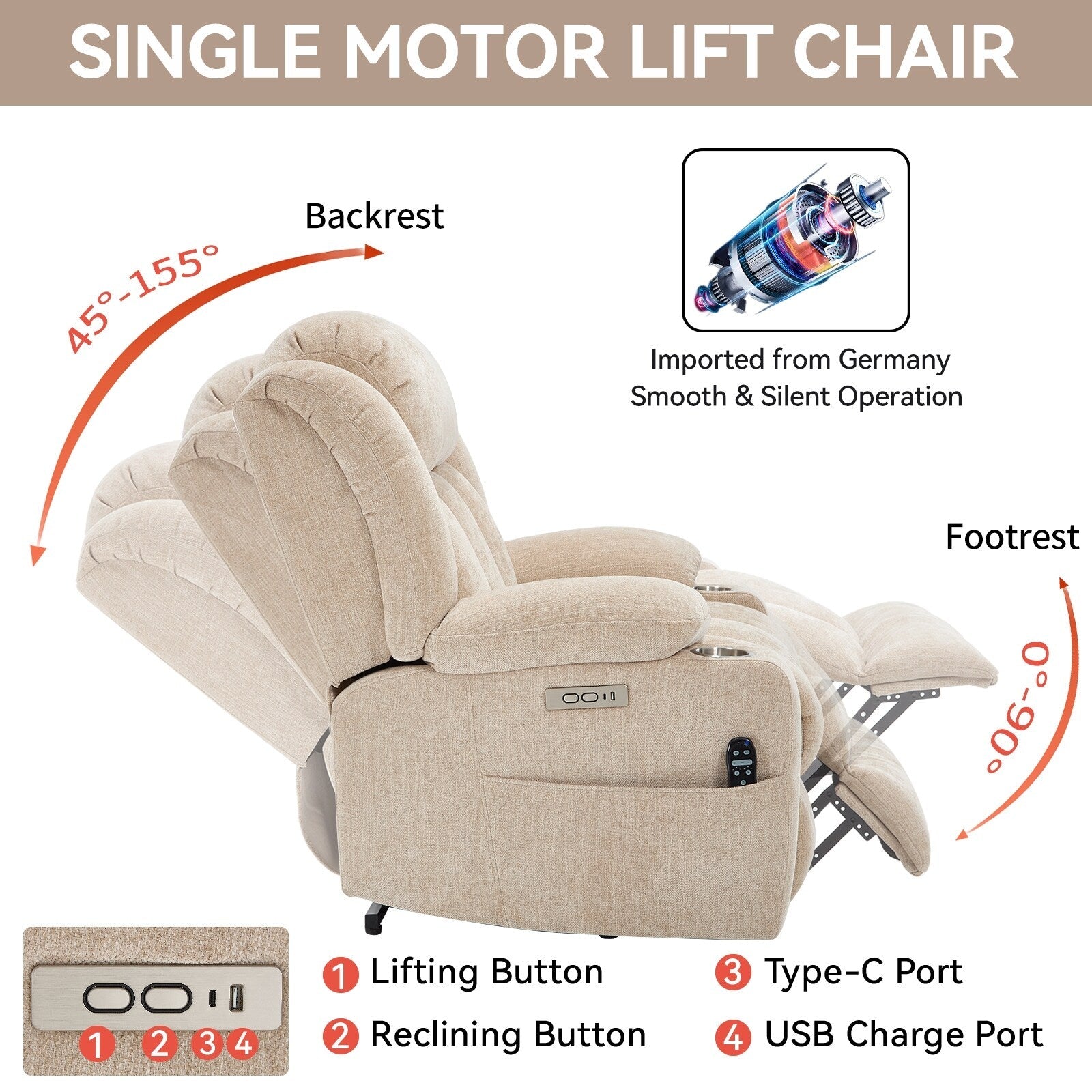 Fauteuil inclinable et massant à 8 points avec relevage électrique en chenille, chauffage de la taille, ports USB et porte-gobelet en acier inoxydable