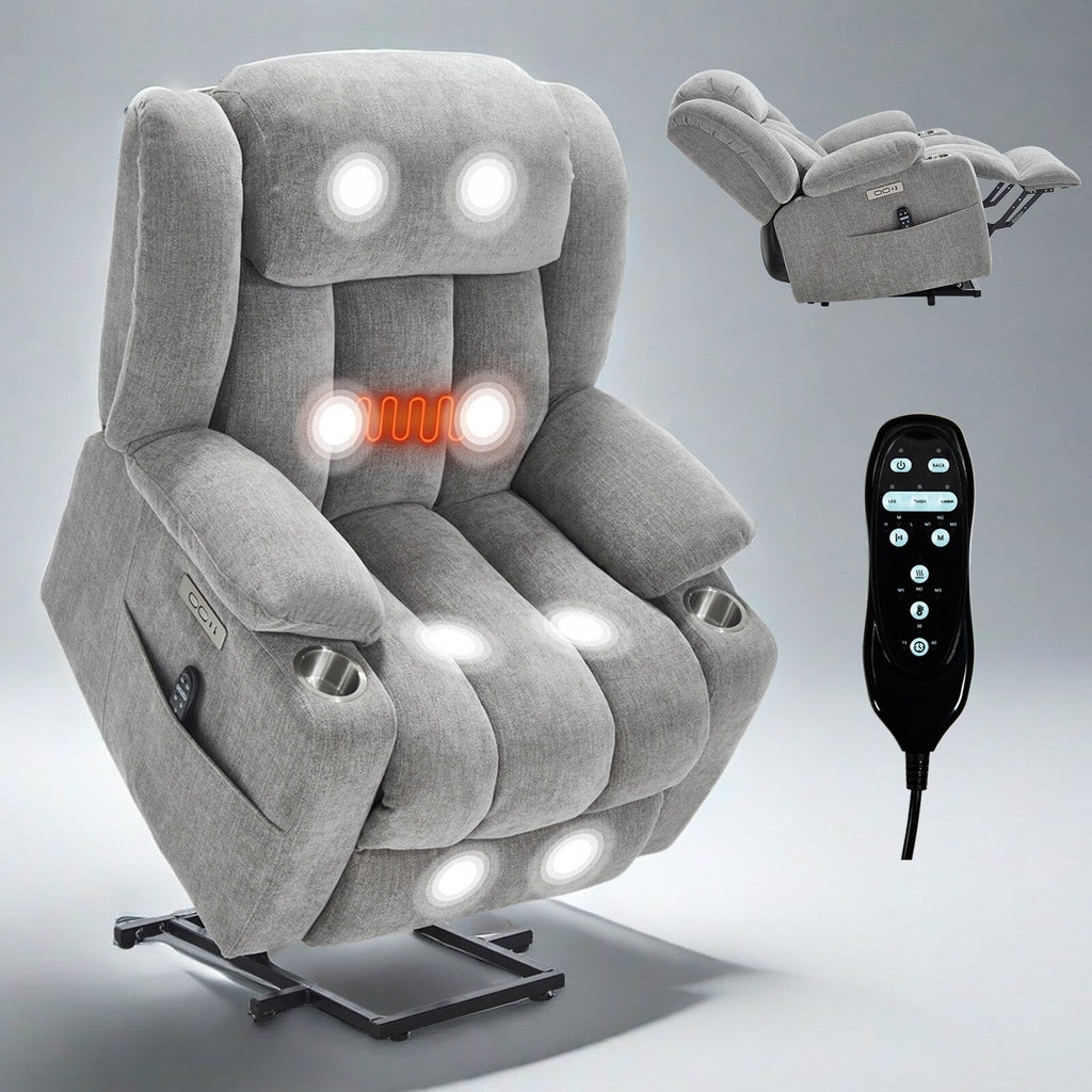 Fauteuil inclinable et massant à 8 points avec relevage électrique en chenille, chauffage de la taille, ports USB et porte-gobelet en acier inoxydable