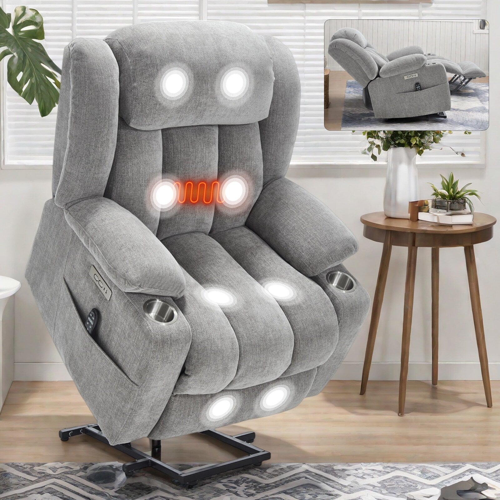 Fauteuil inclinable et massant à 8 points avec relevage électrique en chenille, chauffage de la taille, ports USB et porte-gobelet en acier inoxydable
