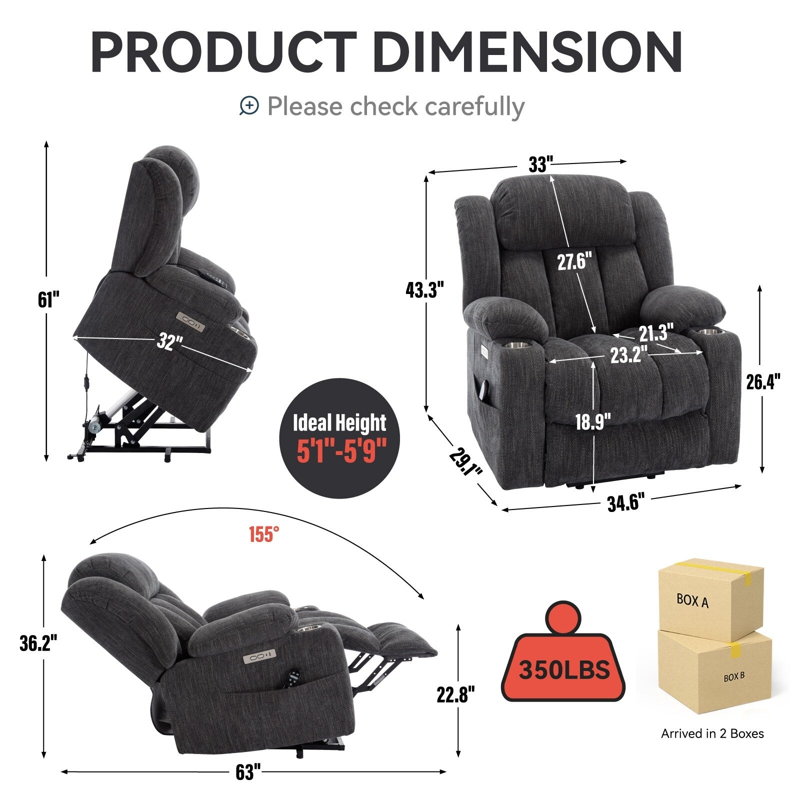 Fauteuil inclinable et massant à 8 points avec relevage électrique en chenille, chauffage de la taille, ports USB et porte-gobelet en acier inoxydable