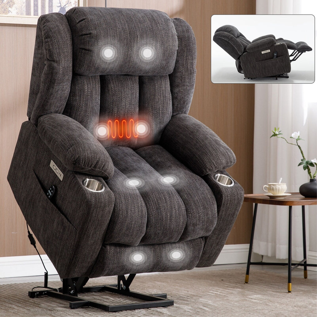 Fauteuil inclinable et massant à 8 points avec relevage électrique en chenille, chauffage de la taille, ports USB et porte-gobelet en acier inoxydable