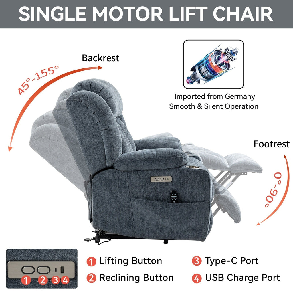 Fauteuil inclinable et massant à 8 points avec relevage électrique en chenille, chauffage de la taille, ports USB et porte-gobelet en acier inoxydable