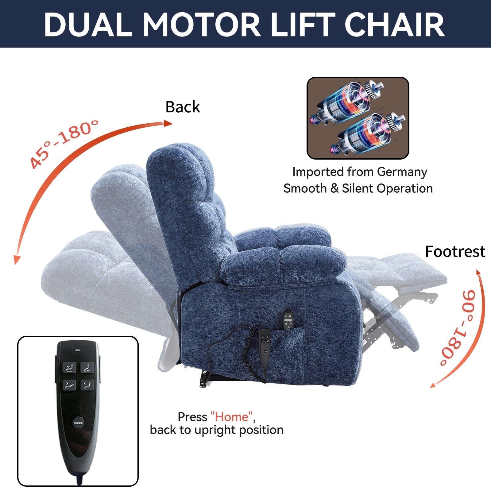 Fauteuil inclinable électrique Chenille pour grands et grands avec massage, chauffage, deux moteurs et inclinaison à 180°