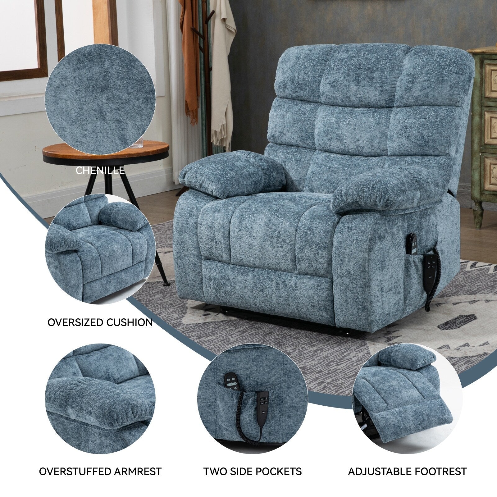 Fauteuil inclinable électrique Chenille pour grands et grands avec massage, chauffage, deux moteurs et inclinaison à 180°