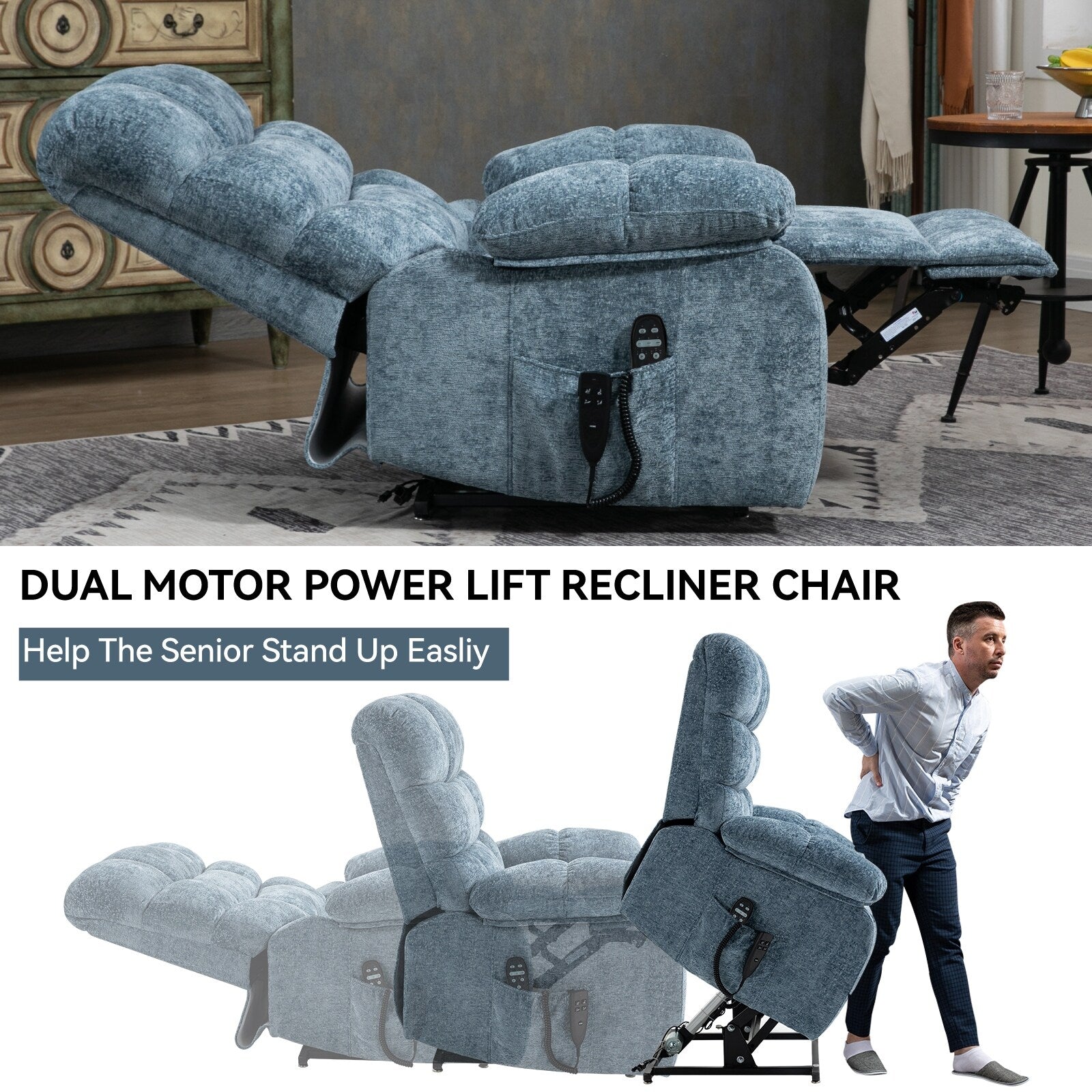 Fauteuil inclinable électrique Chenille pour grands et grands avec massage, chauffage, deux moteurs et inclinaison à 180°