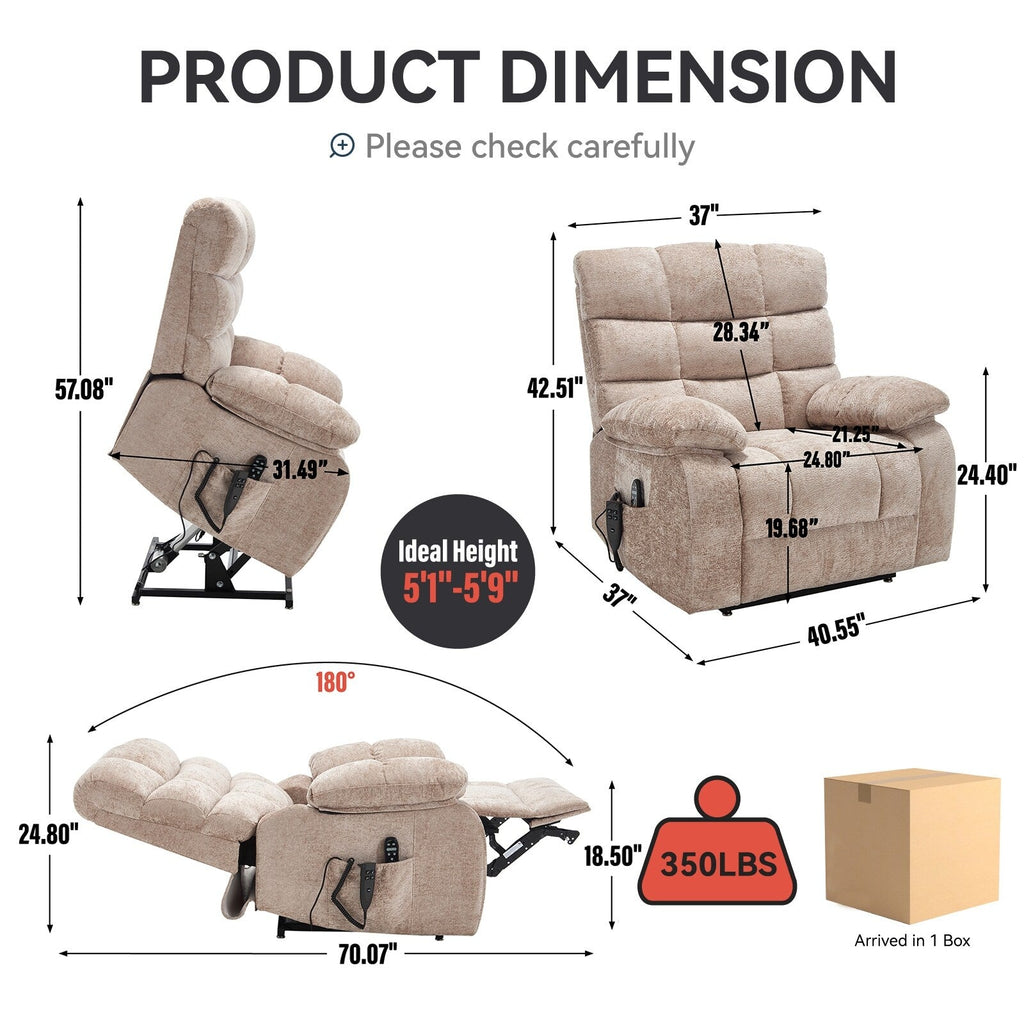 Fauteuil inclinable électrique Chenille pour grands et grands avec massage, chauffage, deux moteurs et inclinaison à 180°