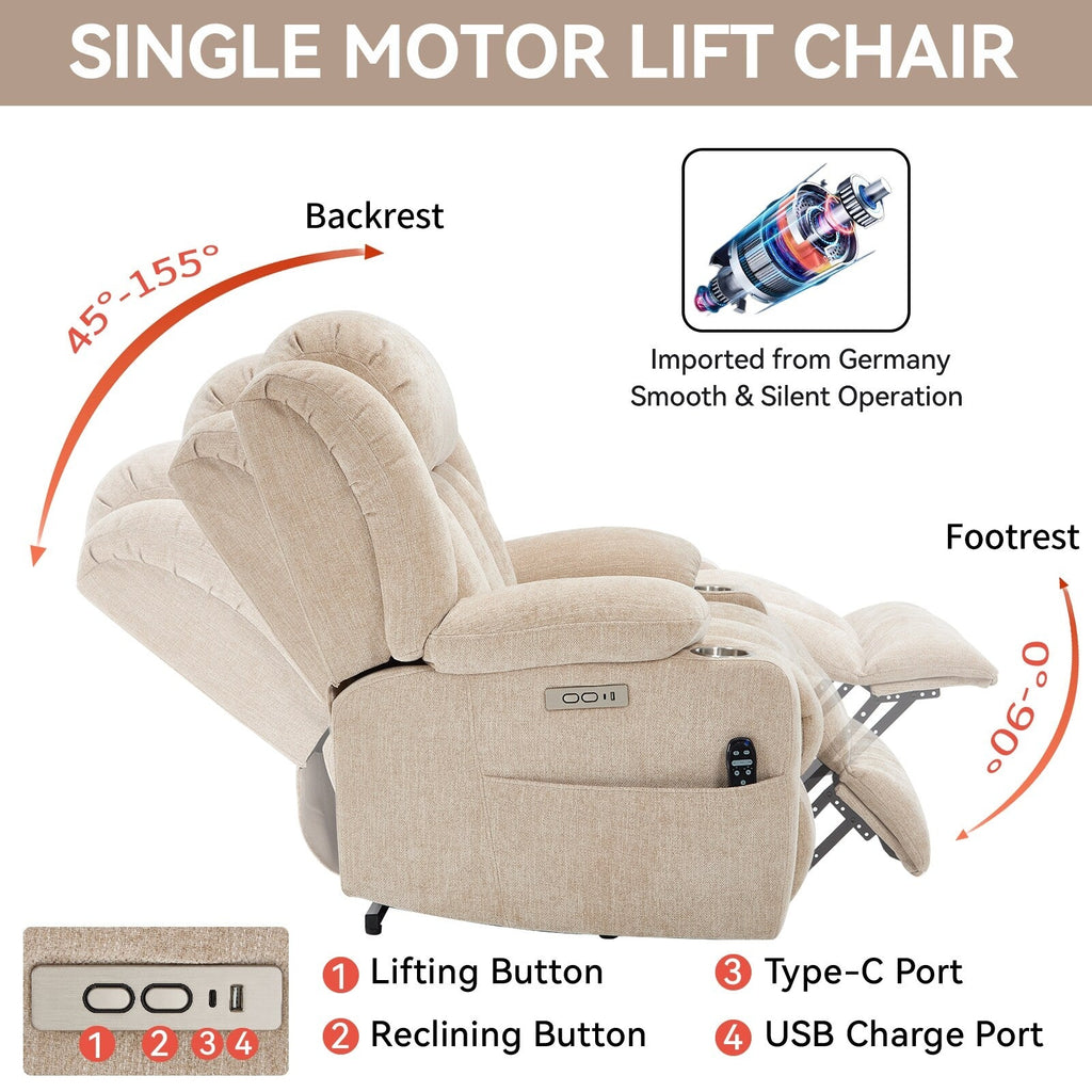 Fauteuil inclinable électrique Chenille avec massage et chauffage lombaire, deux porte-gobelets