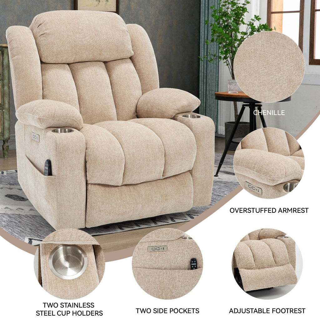 Fauteuil inclinable électrique Chenille avec massage et chauffage lombaire, deux porte-gobelets