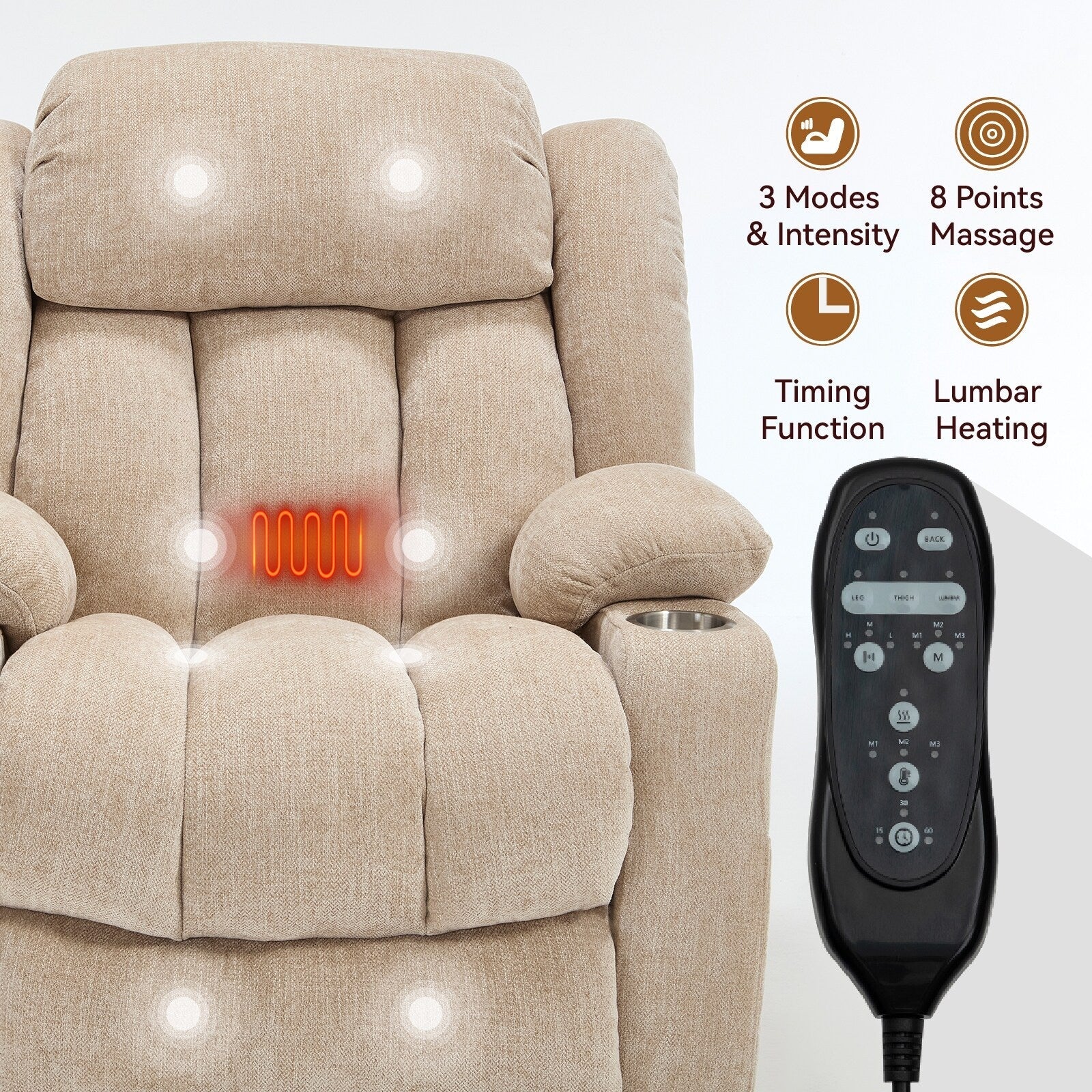 Fauteuil inclinable électrique Chenille avec massage et chauffage lombaire, deux porte-gobelets