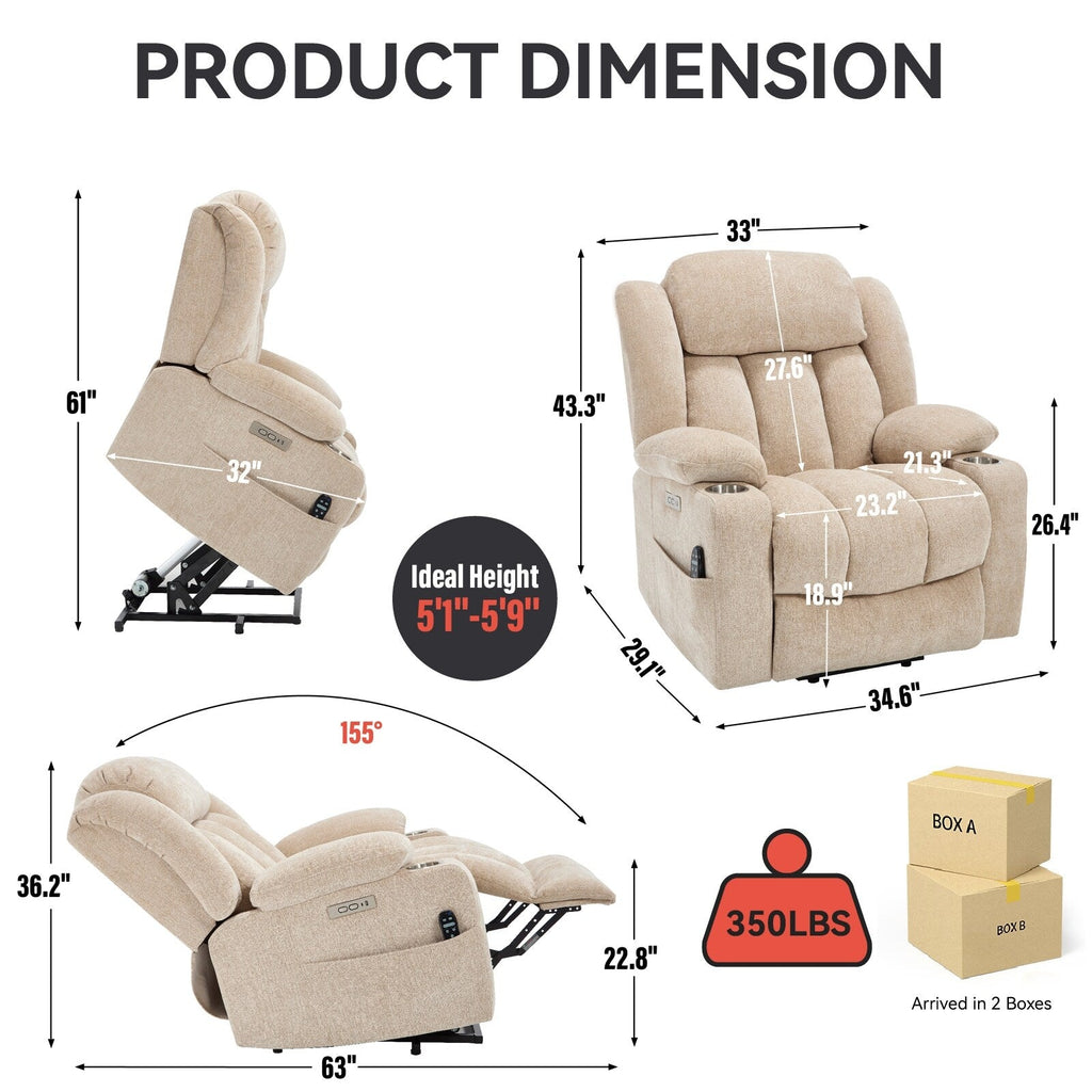 Fauteuil inclinable électrique Chenille avec massage et chauffage lombaire, deux porte-gobelets