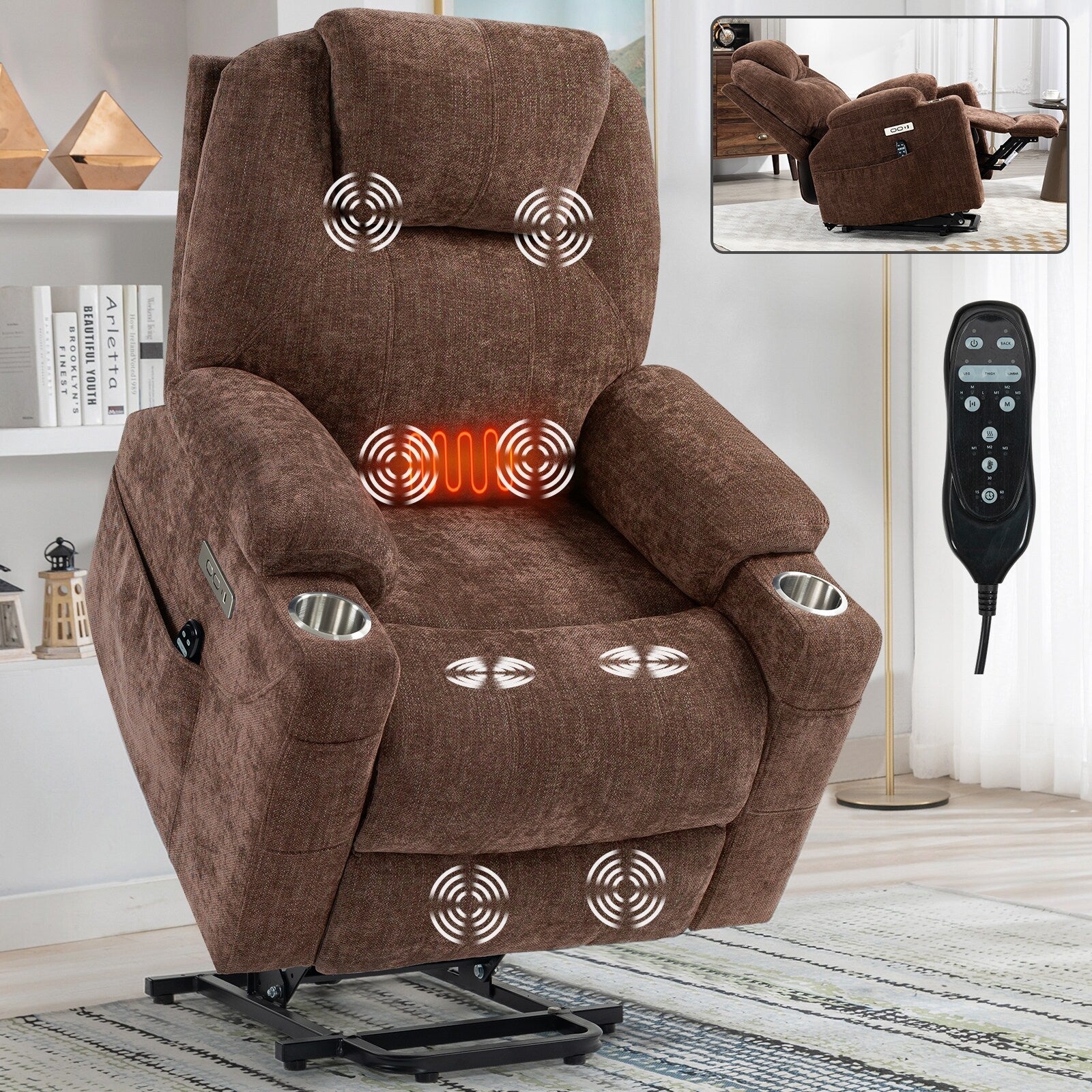 Fauteuil inclinable électrique Chenille avec massage et chauffage lombaire, ports USB et Type-C, porte-gobelet en acier inoxydable