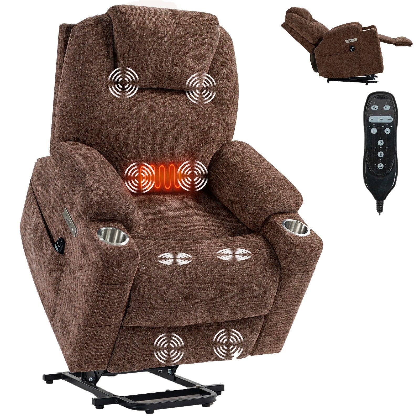Fauteuil inclinable électrique Chenille avec massage et chauffage lombaire, ports USB et Type-C, porte-gobelet en acier inoxydable
