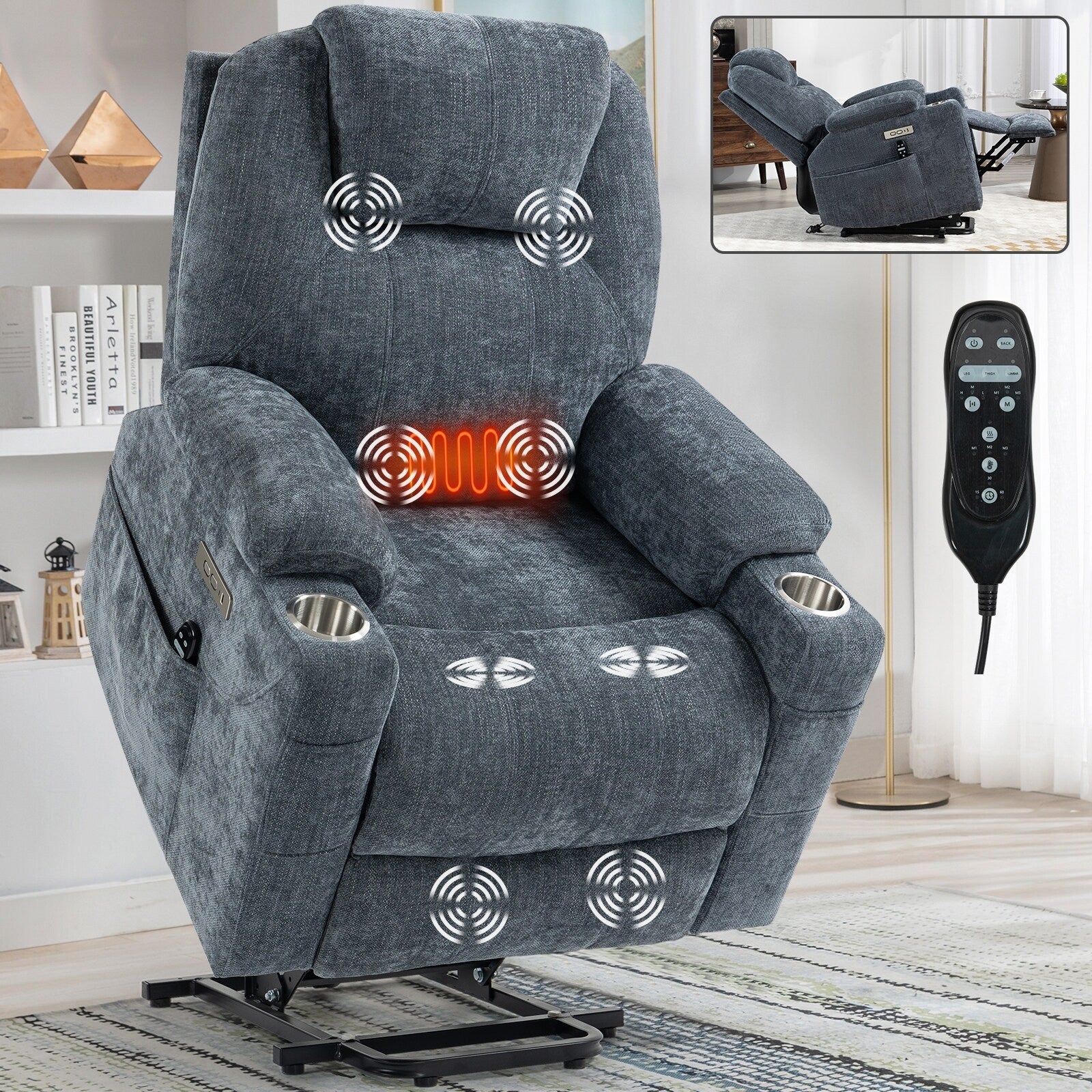 Fauteuil inclinable électrique Chenille avec massage et chauffage lombaire, ports USB et Type-C, porte-gobelet en acier inoxydable