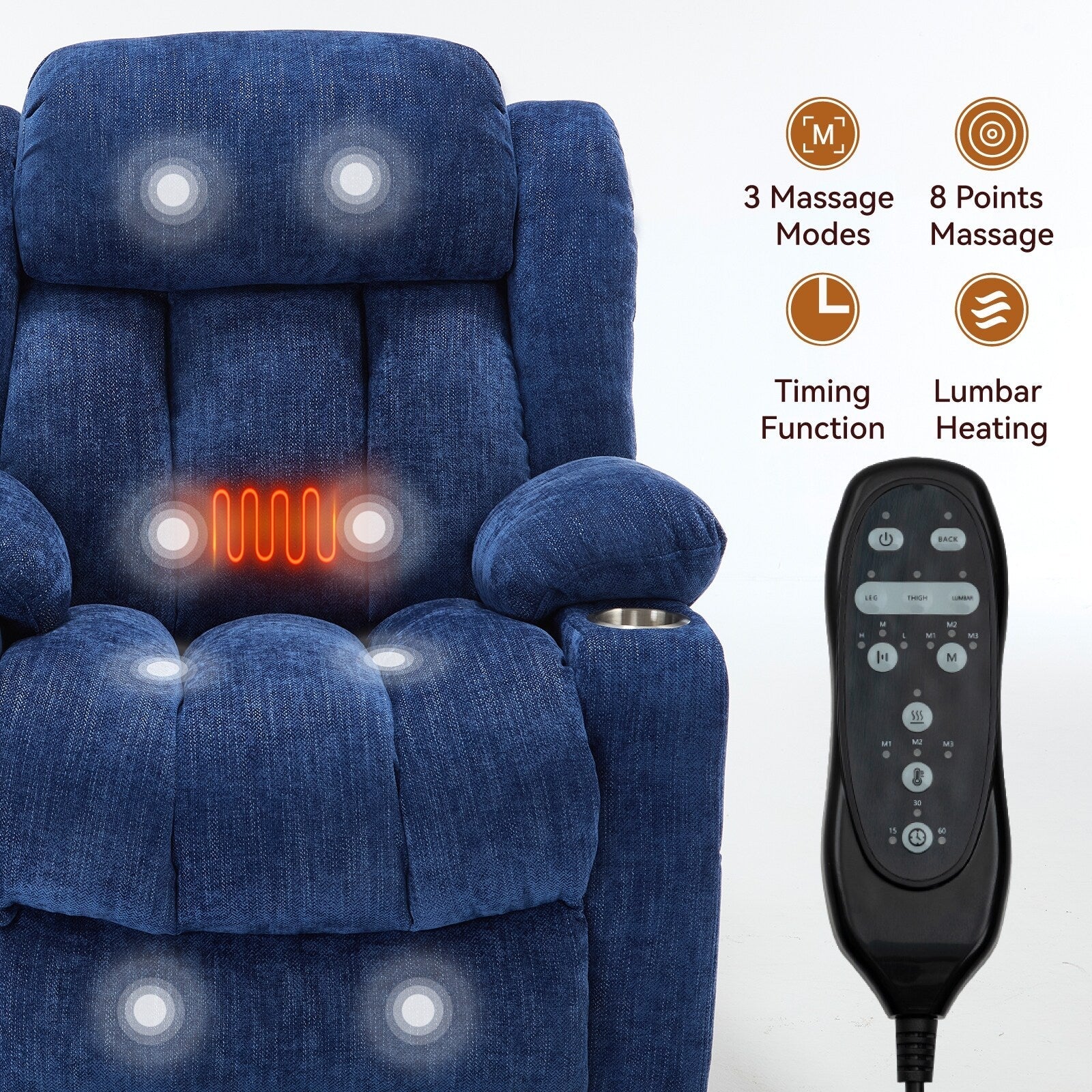 Fauteuil inclinable électrique Chenille avec massage, chauffage, port USB, Type-C et porte-gobelets