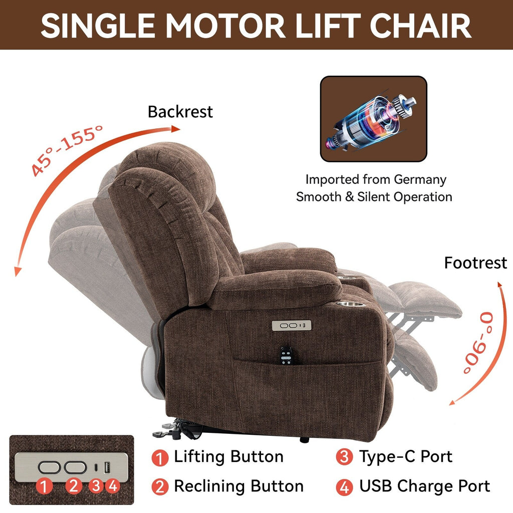 Fauteuil inclinable électrique Chenille avec massage, chauffage, port USB, Type-C et porte-gobelets