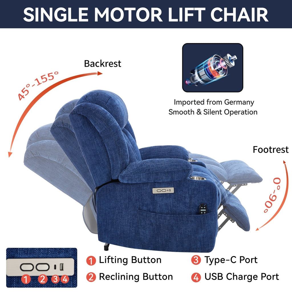 Fauteuil inclinable électrique Chenille avec massage, chauffage, port USB, Type-C et porte-gobelets