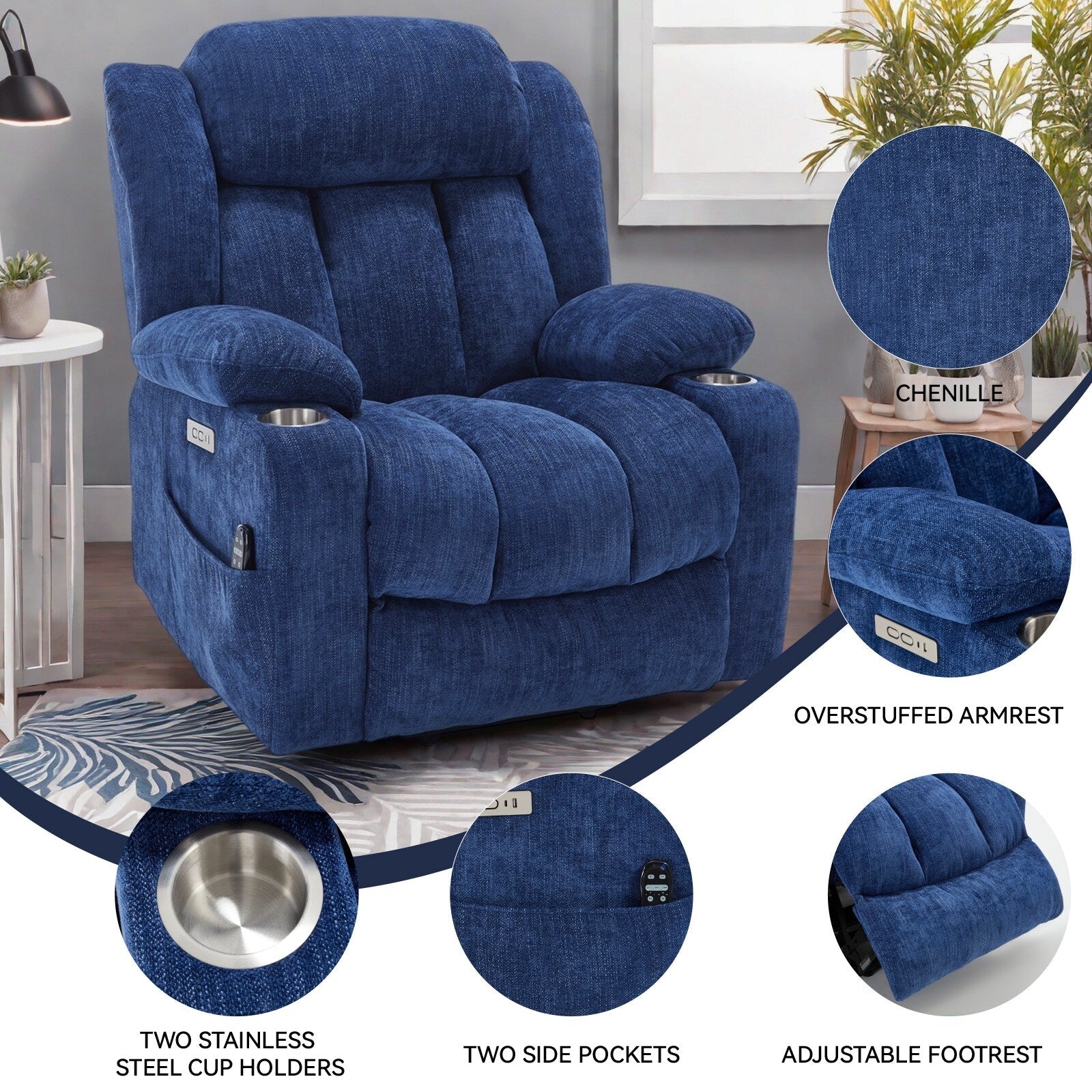 Fauteuil inclinable électrique Chenille avec massage, chauffage, port USB, Type-C et porte-gobelets