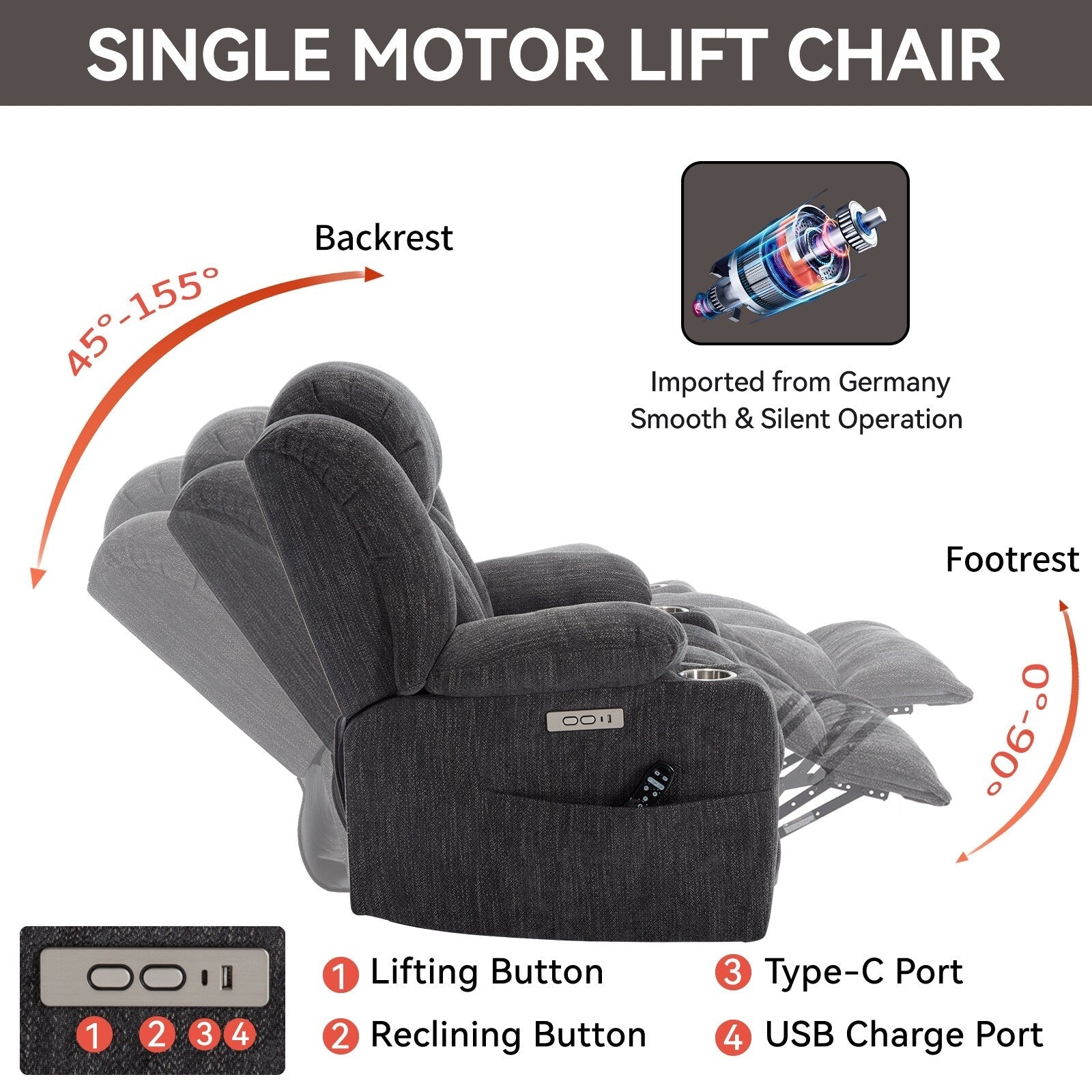 Fauteuil inclinable électrique Chenille avec massage, chauffage, port USB, Type-C et porte-gobelets