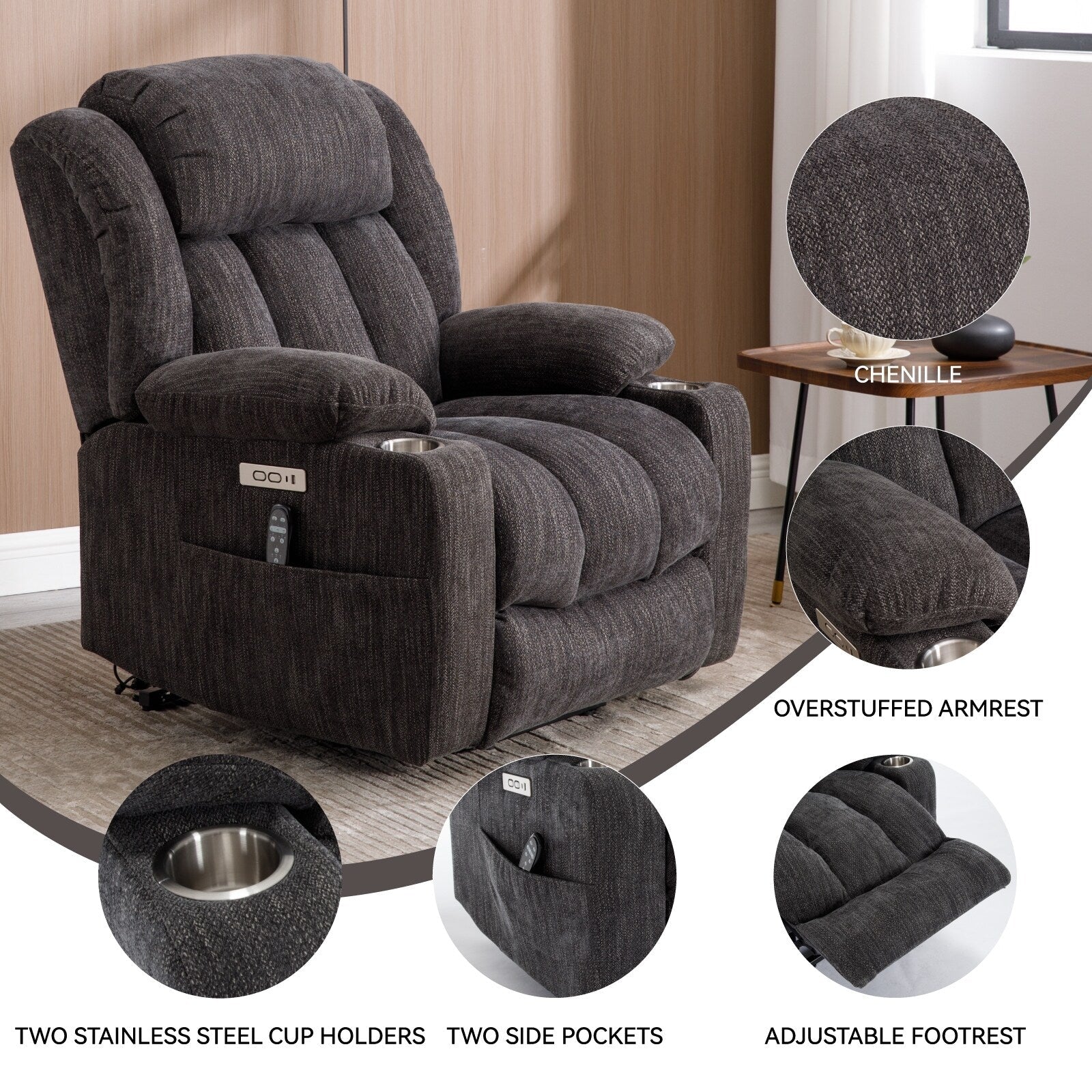 Fauteuil inclinable électrique Chenille avec massage, chauffage, port USB, Type-C et porte-gobelets