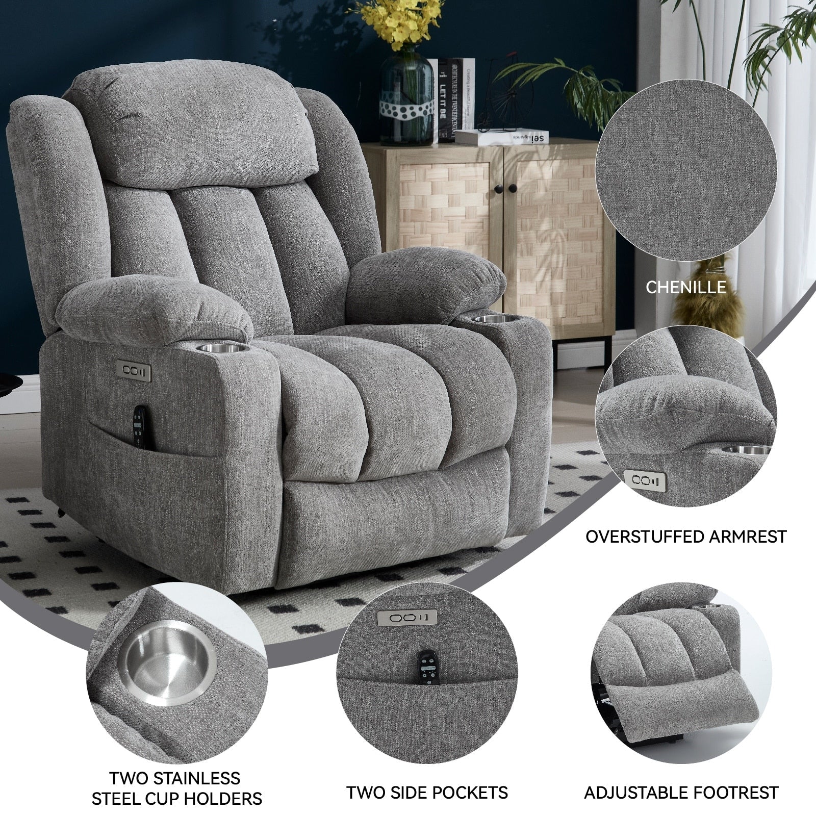 Fauteuil inclinable électrique Chenille avec massage, chauffage, port USB, Type-C et porte-gobelets