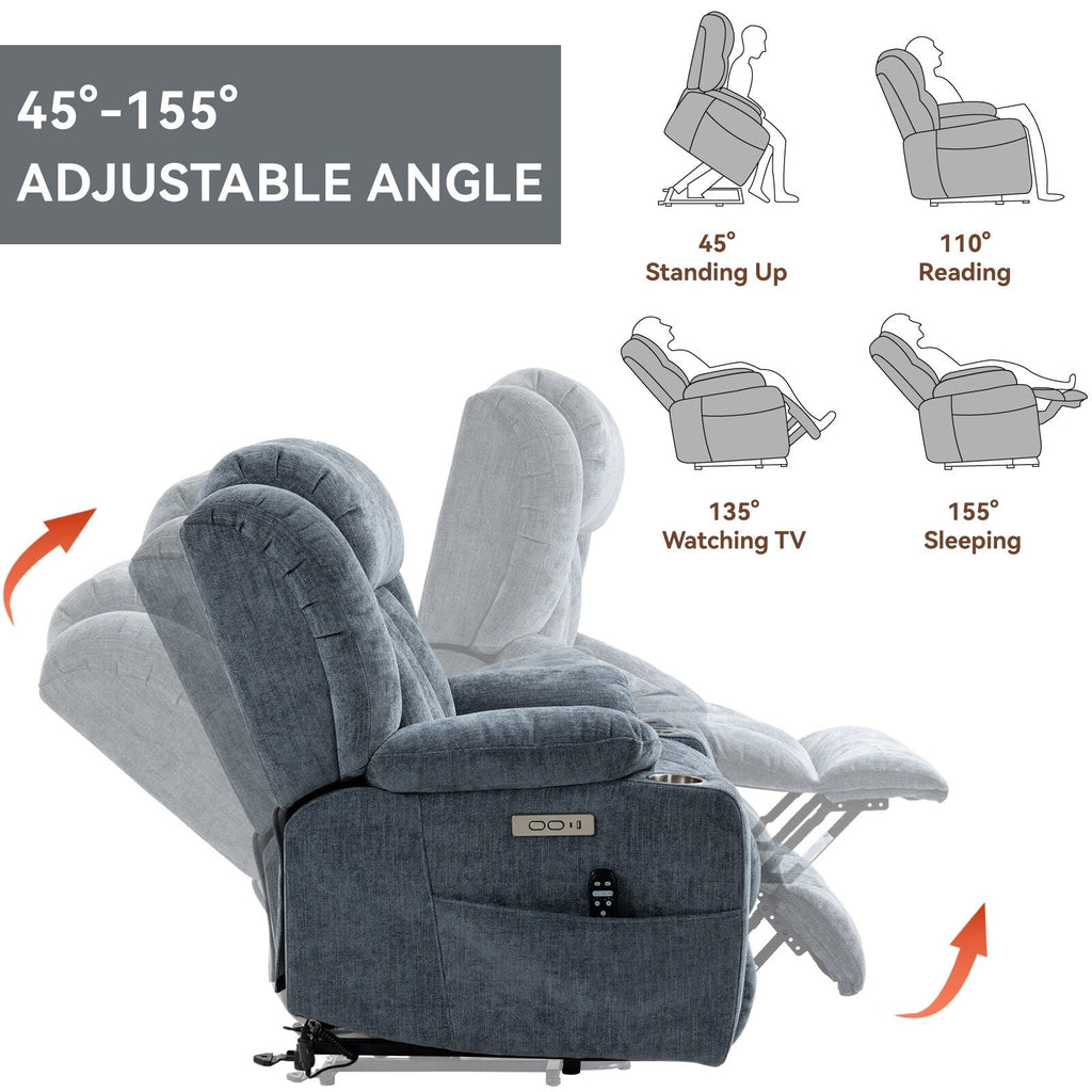 Fauteuil inclinable électrique Chenille avec massage, chauffage, port USB, Type-C et porte-gobelets