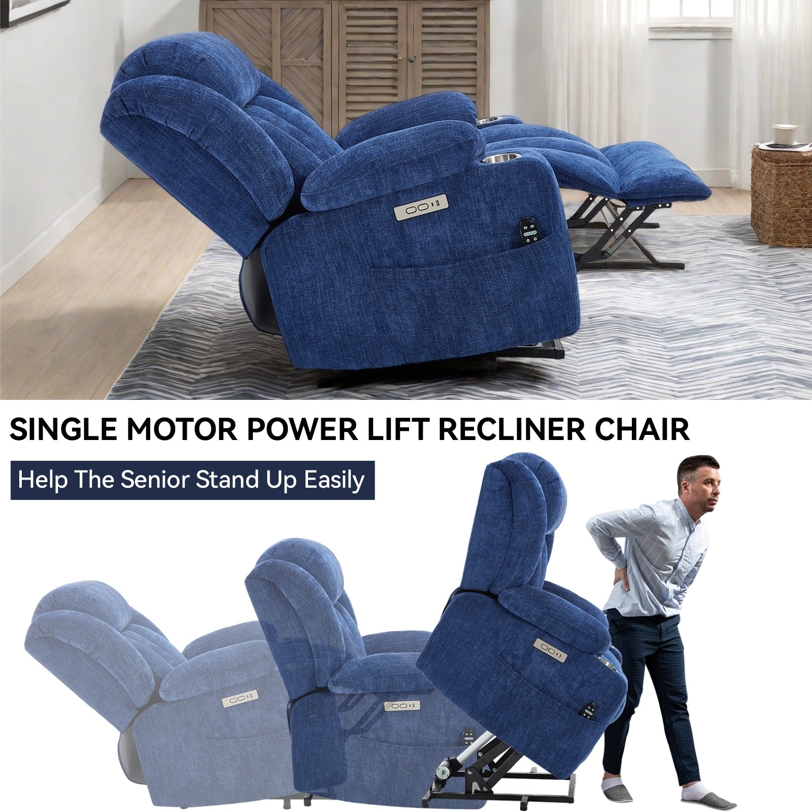 Fauteuil inclinable électrique Chenille avec massage, chauffage, port USB, Type-C et porte-gobelets