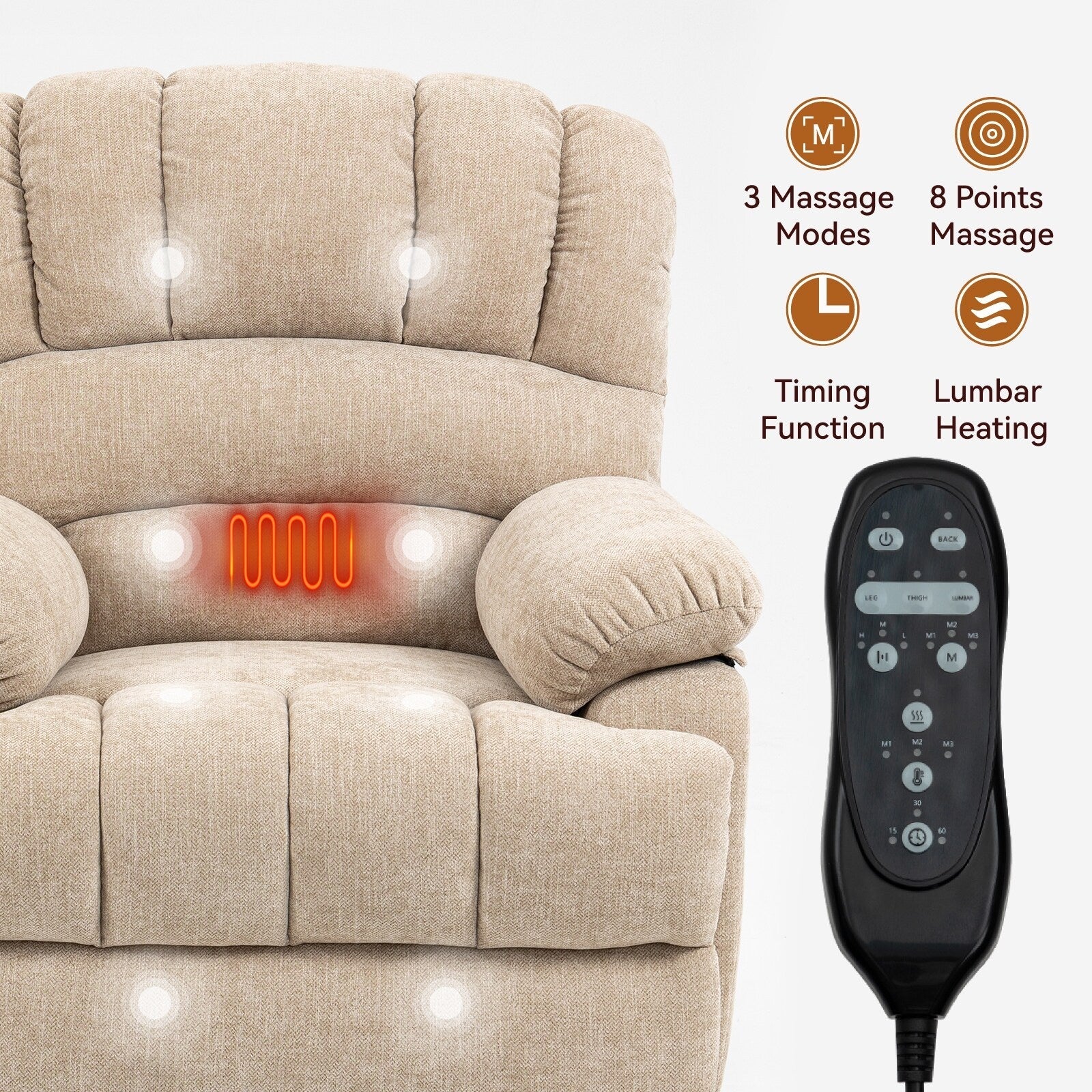 Fauteuil inclinable électrique Chenille avec massage thermique, USB, inclinaison maximale de 155°