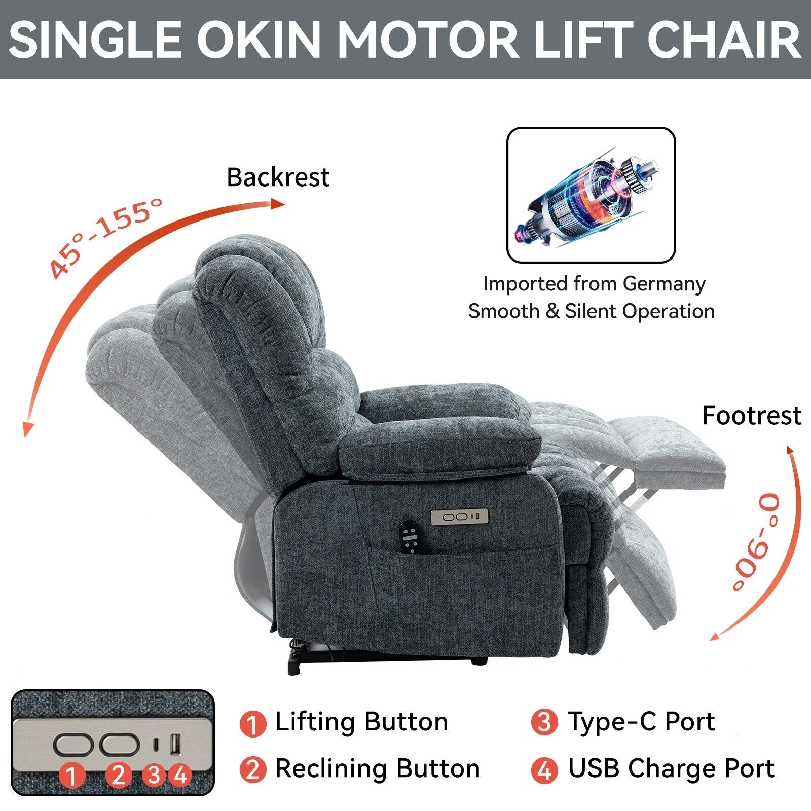 Fauteuil inclinable électrique Chenille avec massage thermique, USB, inclinaison maximale de 155°