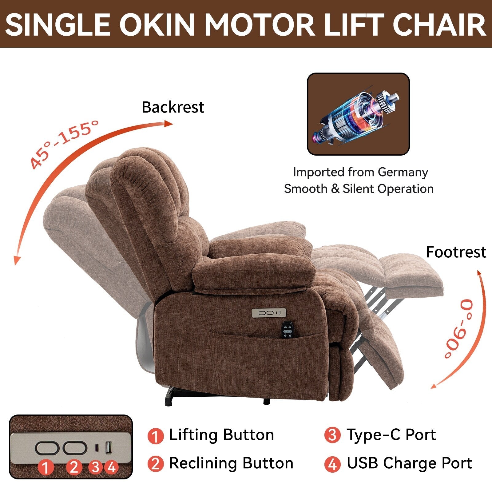 Fauteuil inclinable électrique Chenille avec massage thermique, USB, inclinaison maximale de 155°