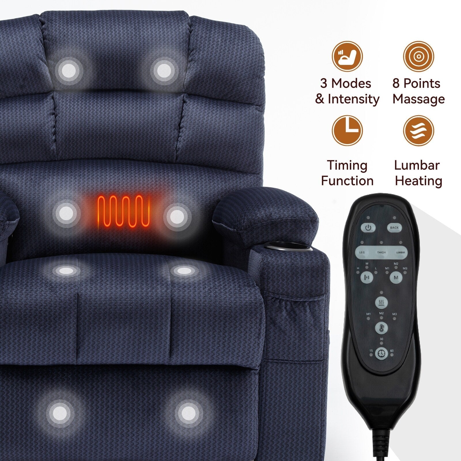 Fauteuil inclinable électrique Chenille avec massage, chauffage et porte-gobelets