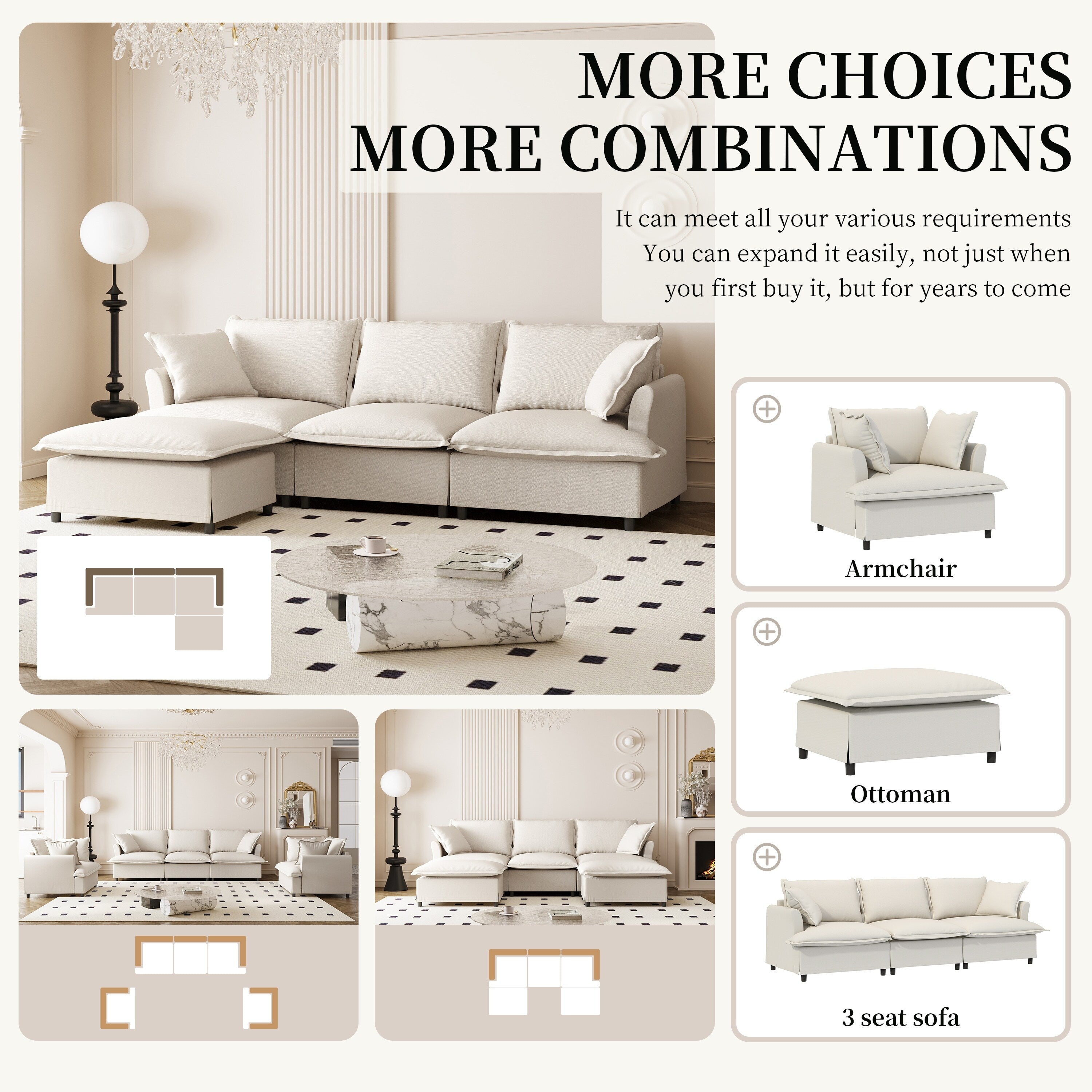 Canapé sectionnel en chenille avec pouf, ensemble de canapés nuage en forme de L avec coussins décoratifs, combinaison libre, 4 places modulaires rembourrées