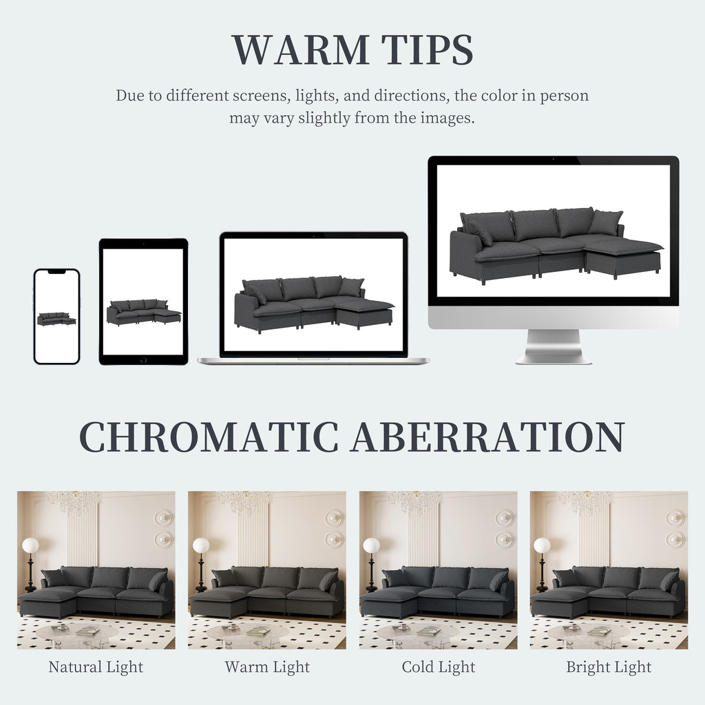 Canapé sectionnel en chenille avec pouf, ensemble de canapés nuage en forme de L avec coussins décoratifs, combinaison libre, 4 places modulaires rembourrées