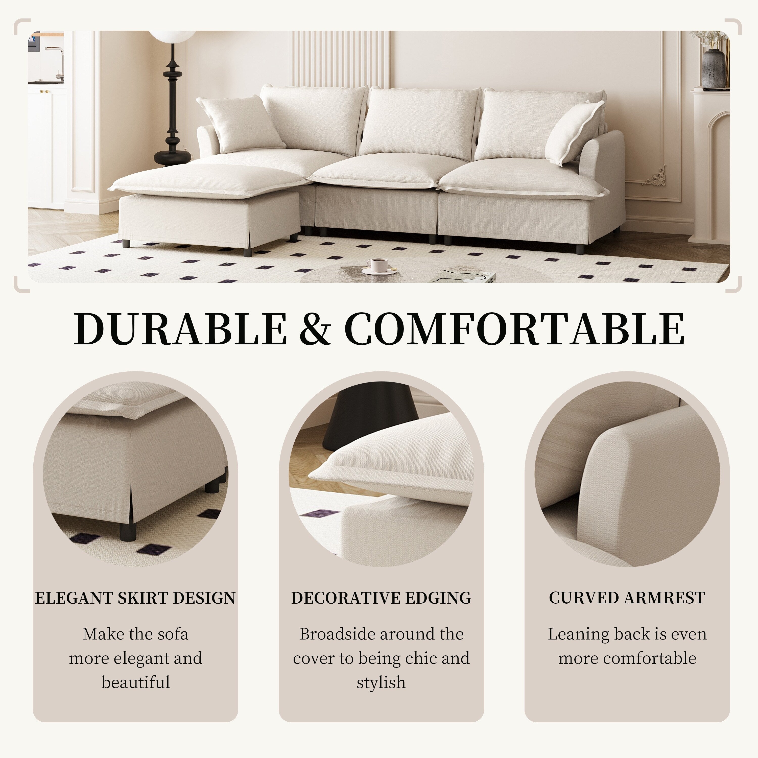 Canapé sectionnel en chenille avec pouf, ensemble de canapés nuage en forme de L avec coussins décoratifs, combinaison libre, 4 places modulaires rembourrées