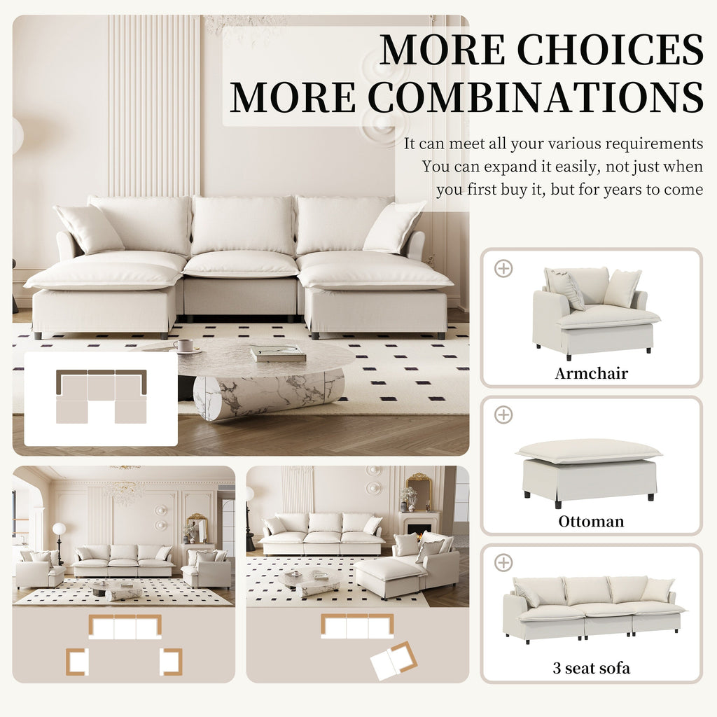 Canapé sectionnel en chenille avec pouf, ensemble de canapé-lit nuage en U avec oreillers, combinaison libre, modulable 5 places rembourré