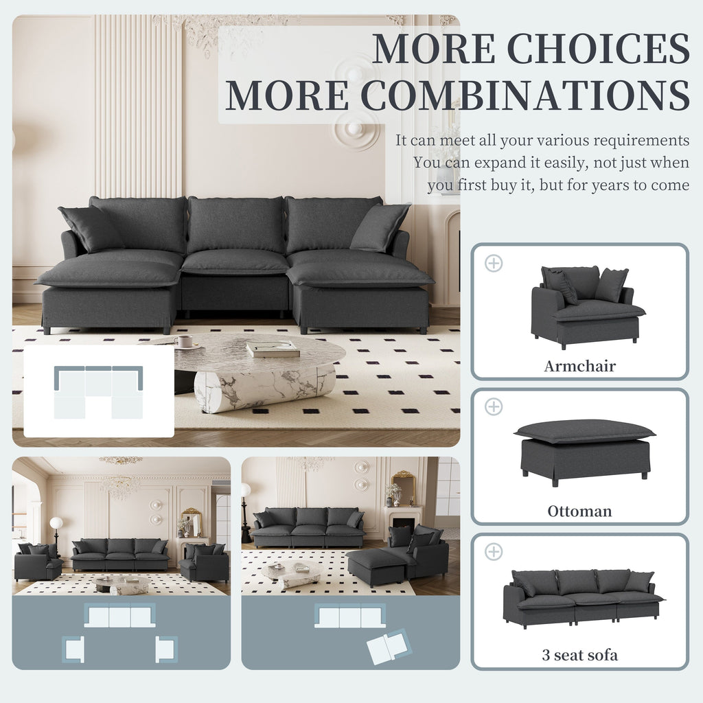Canapé sectionnel en chenille avec pouf, ensemble de canapé-lit nuage en U avec oreillers, combinaison libre, modulable 5 places rembourré