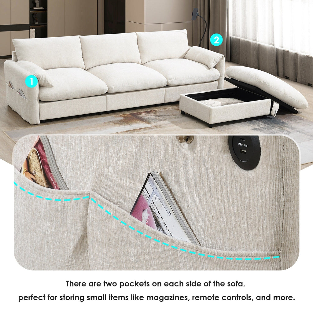 Canapé sectionnel en chenille avec pouf de rangement et poches, support de téléphone réglable, assise large, ensemble de canapé en L avec chargeur USB