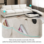 Canapé sectionnel en chenille avec pouf de rangement et poches, support de téléphone réglable, assise large, ensemble de canapé en L avec chargeur USB