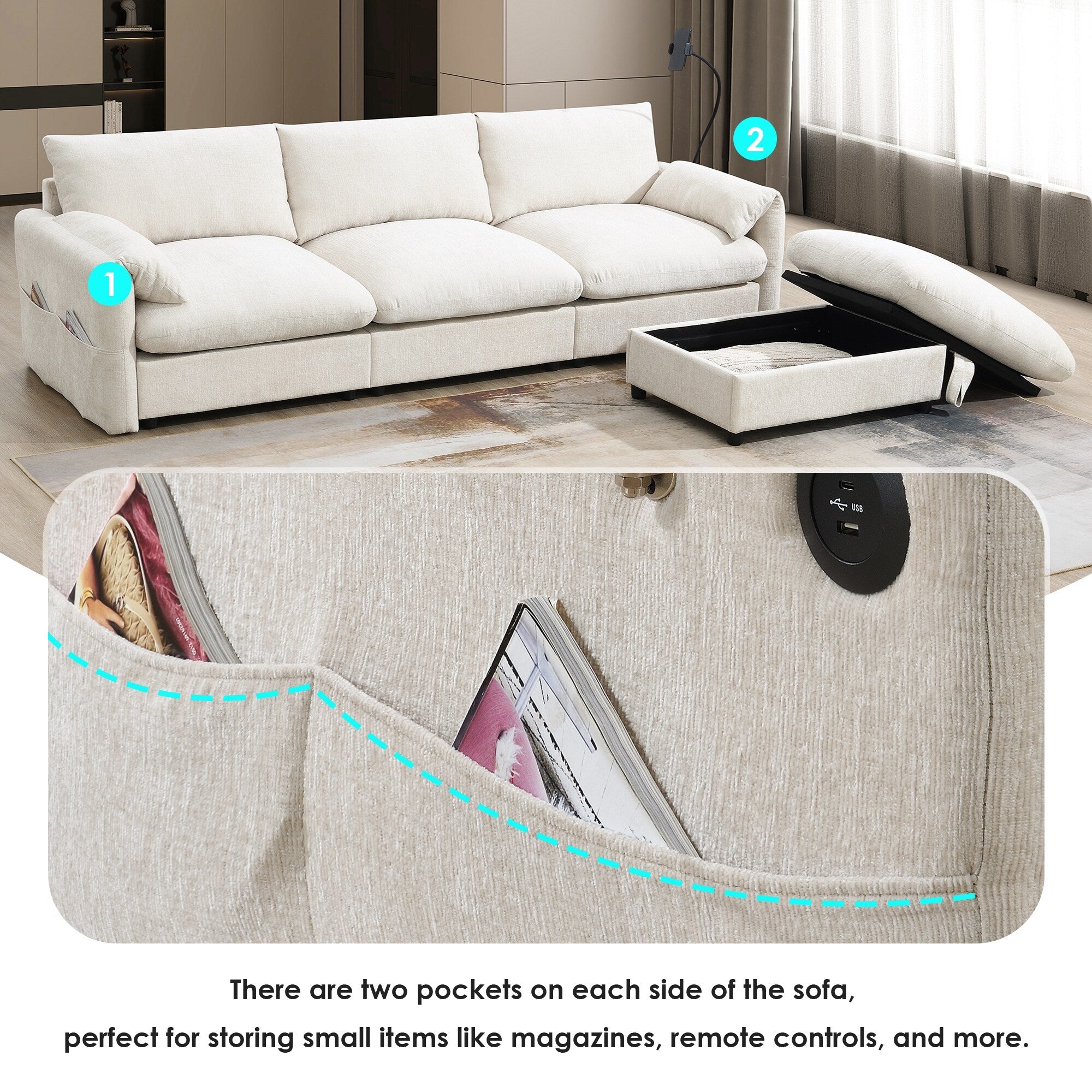 Canapé sectionnel en chenille avec pouf de rangement et poches, support de téléphone réglable, assise large, ensemble de canapé en L avec chargeur USB