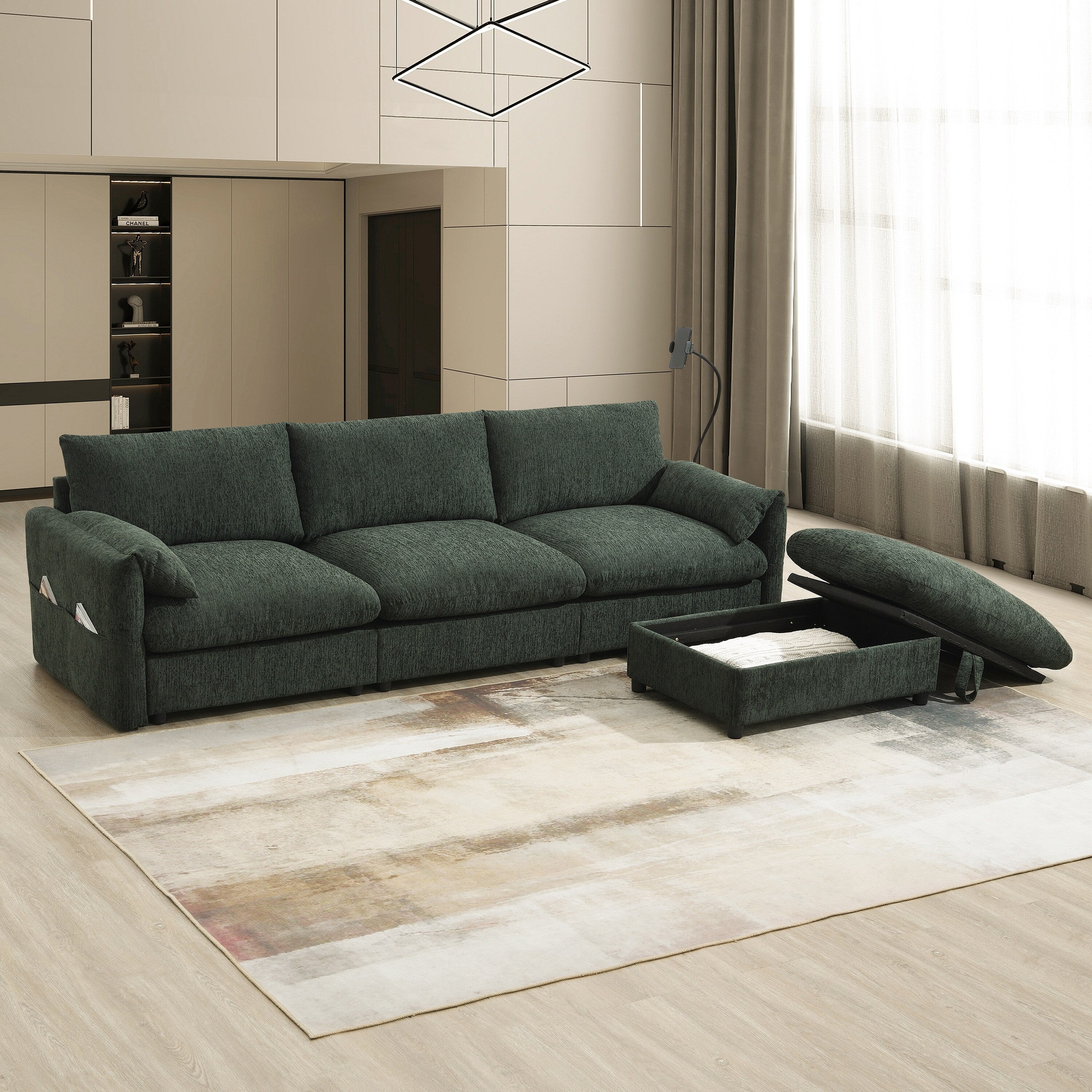 Canapé sectionnel en chenille avec pouf de rangement et poches, support de téléphone réglable, assise large, ensemble de canapé en L avec chargeur USB